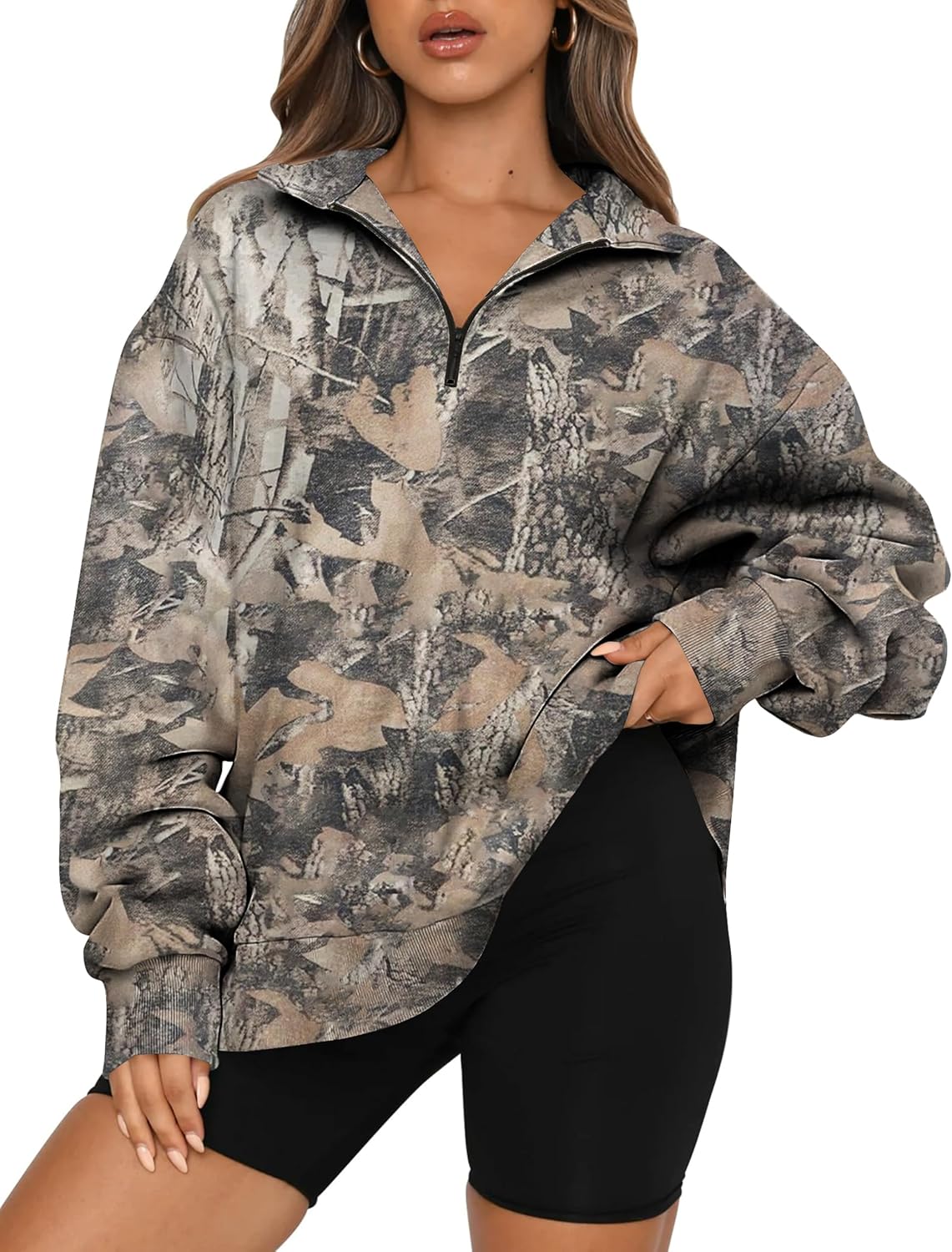 Women Camo Half Zip Fleece Sweatshirt Oversized Maple Leaf Print Mock Neck Long Sleeve Pullover Hunting Hoodies