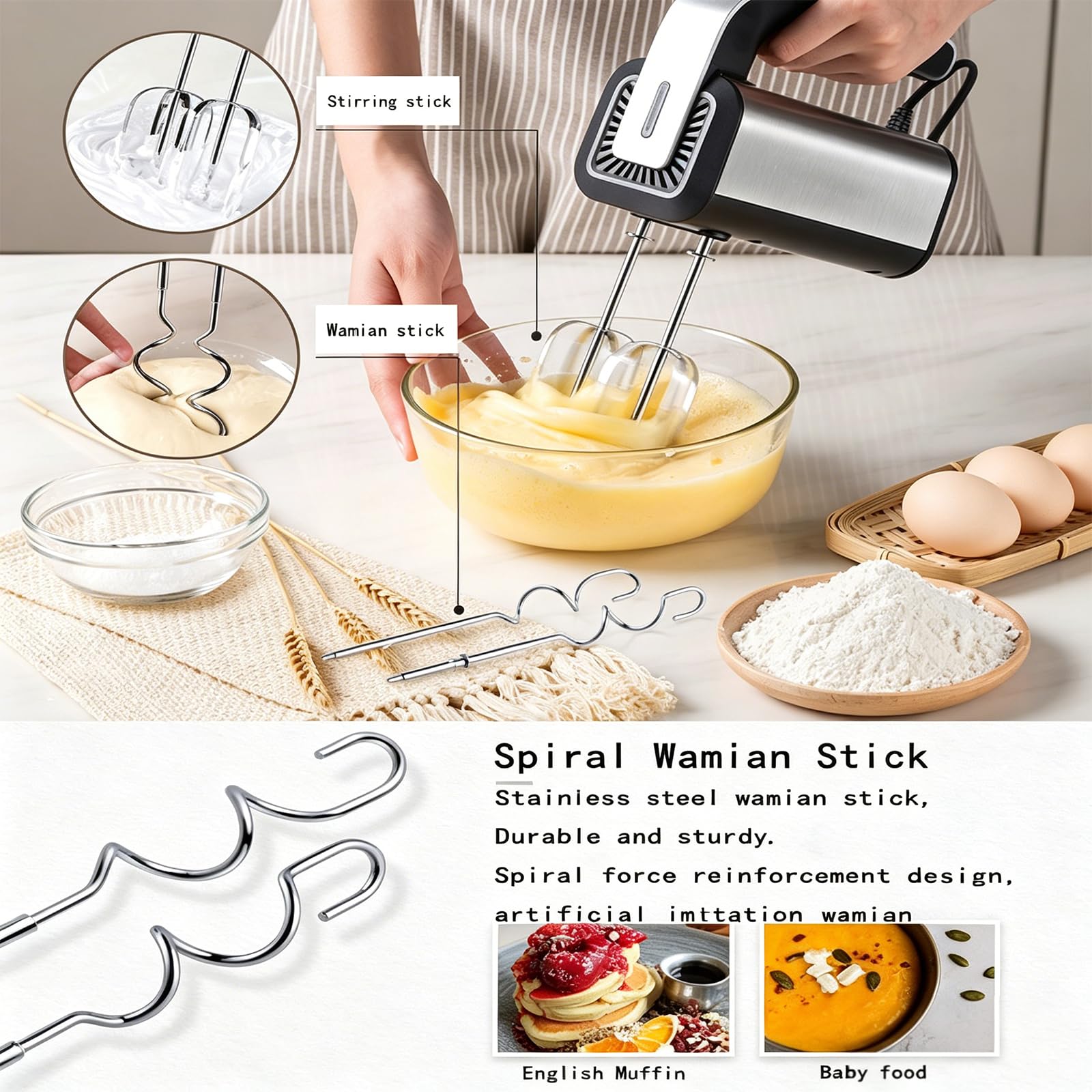 Frullatore a mano in acciaio inox da 800 W, frullatore da forno multiuso con fruste staccabili, frusta da cucina leggera per montare la panna e impastare la pasta, uso domestico per dolci