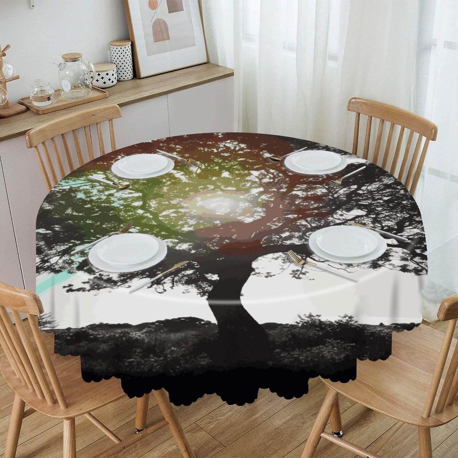 VstaDank Tree Art Round Tablecloth 60 Inch Easy to Clean Circle Table Cover Thick Decorative Round Polyester Table Cloth for Dining Kitchen Party Farmhouse Outdoor