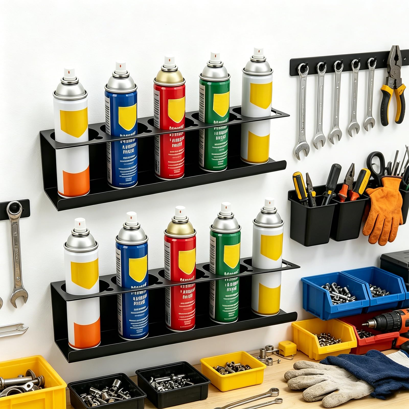 2 Stück Dosenhalter für Sprühflaschen, Schwarz Spraydosenhalter mit 5 Löchern, Wand Sprühdosenhalter mit Schrauben und Expansionsrohr für Garage Werkstatt