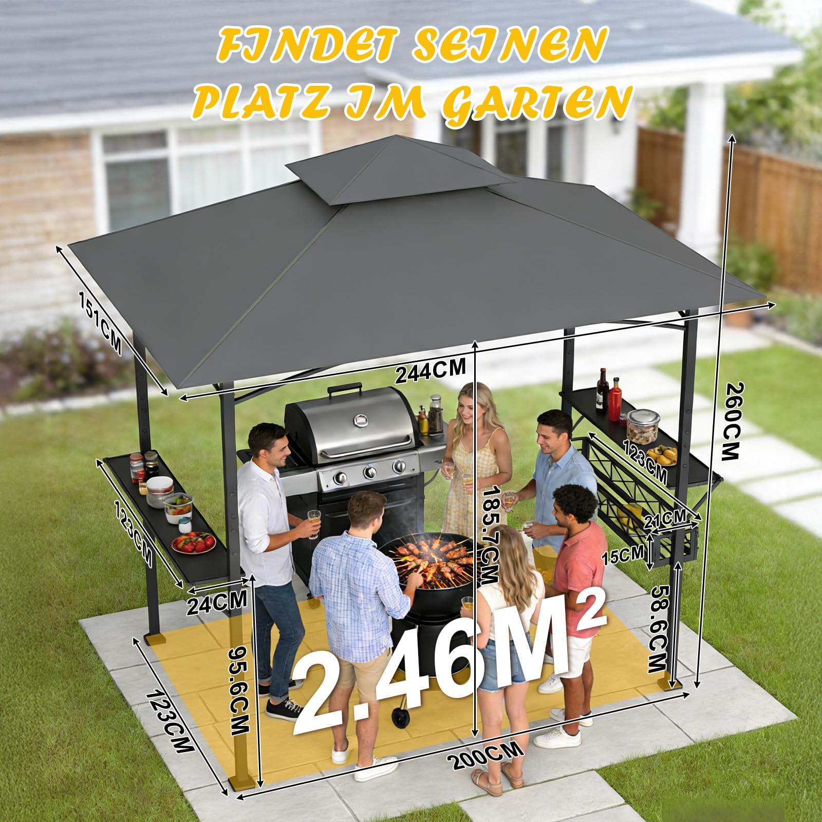 Soontrans Cenador para barbacoa con 2 estantes laterales y 5 ganchos y 1 cesta de almacenamiento lateral, zona de barbacoa cubierta en el jardín, ignífugo, doble ahumado, 244 x 151 x 260 cm, cenador