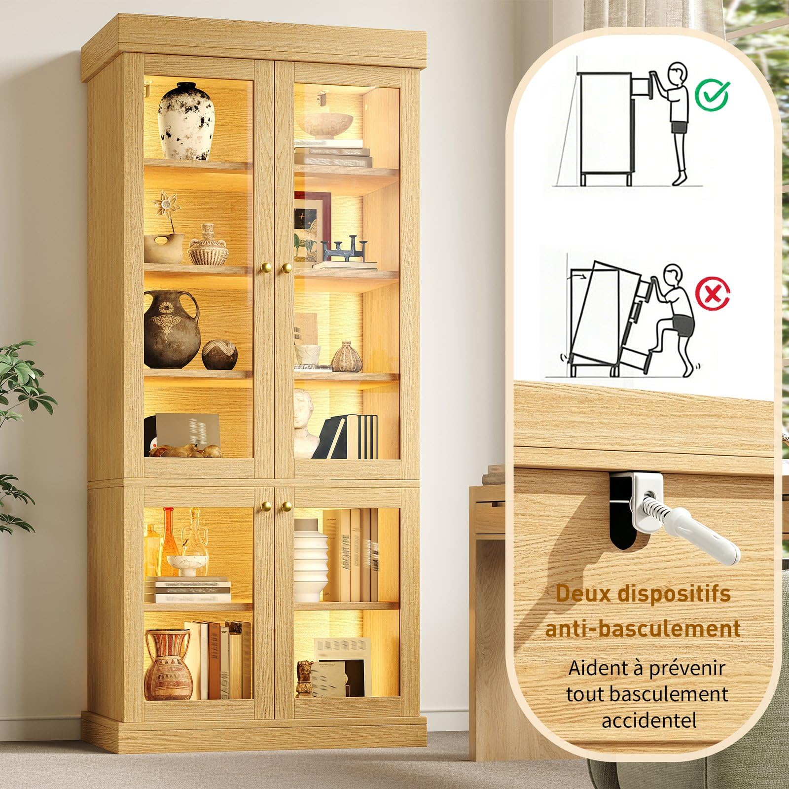 KOMHTOM Vitrine en Verre LED 80/160 x 40 x 180 cm, Rangement Vertical