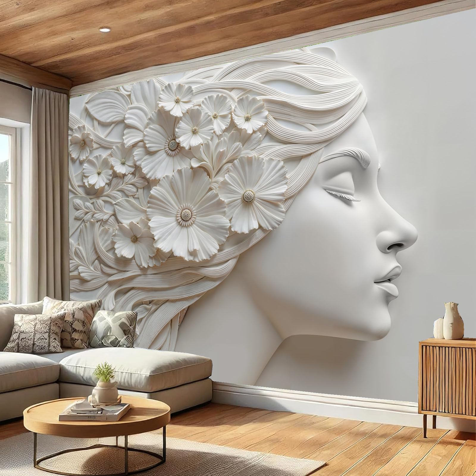Papier peint panoramique 3D crème pour créer un salon cocooning et une chambre d'enfant