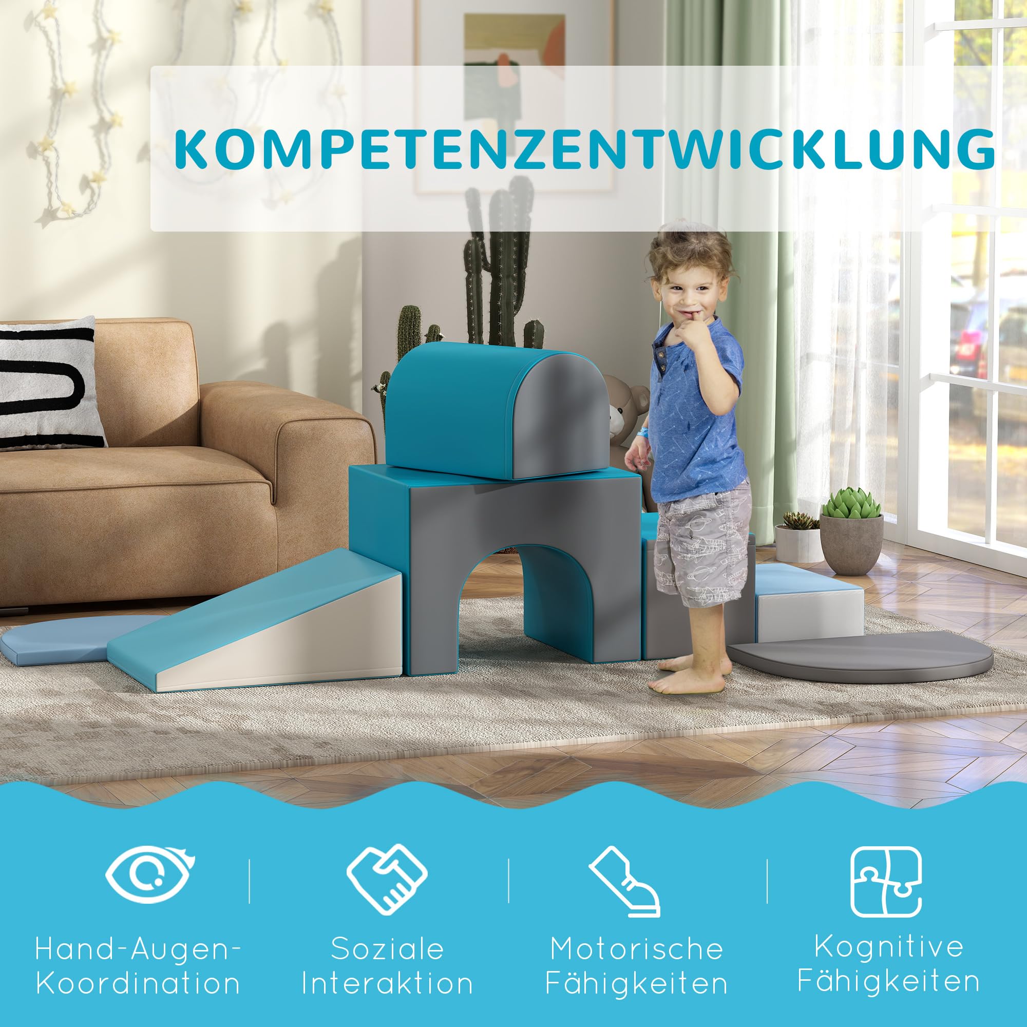 HOMCOM 7PCS Baby-Motorikmodul Baby-Motorikparcours Bauklötze aus EPE-Schaumstoff mit kunststoffbeschichtetem Bezug - Lernspielzeug für Vorschulkinder, mehrfarbig