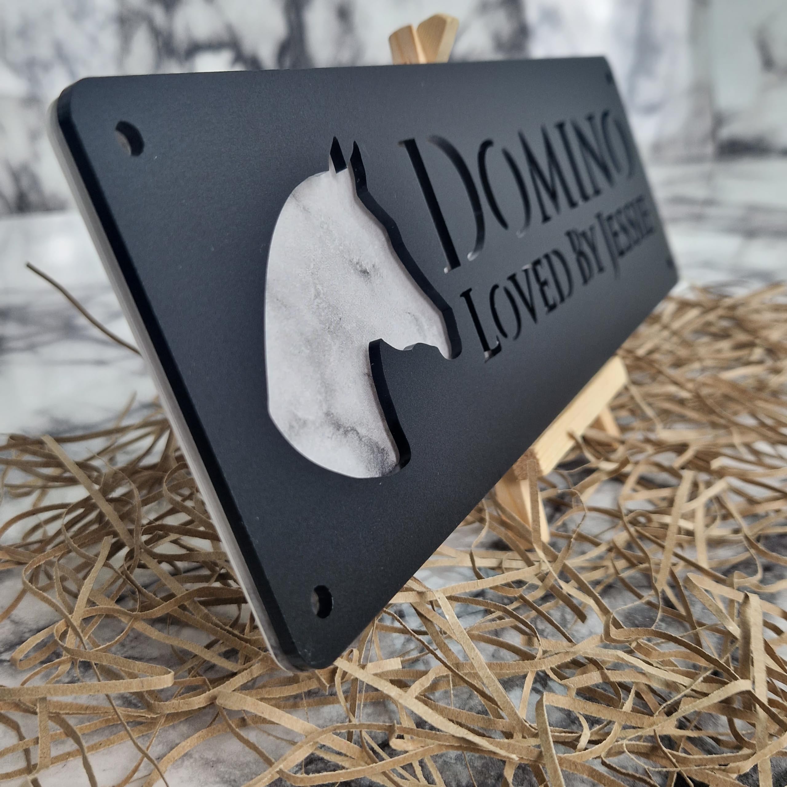 White Marble and Black Personalised Horse stable Pony laser cut name door plate sign (L2-Horse Head)
