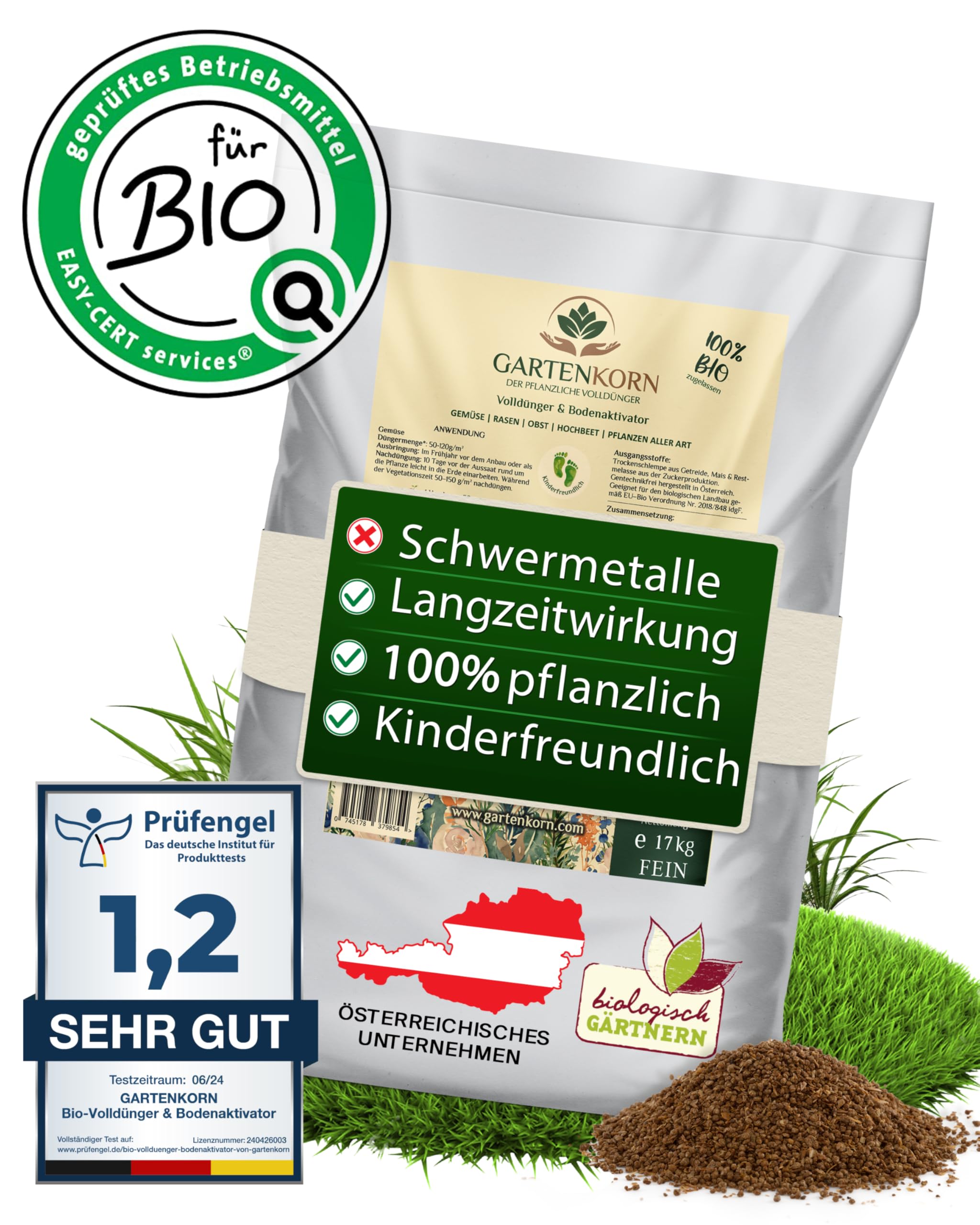 Bio Bodenaktivator & Rasendünger fein [17 kg/130-170 m²] für Pflanzen & Gemüse, Bodenverbesserer Garten, Organischer Rasendünger Frühjahr, Verdrängt Moos, Streuwagen geeignet