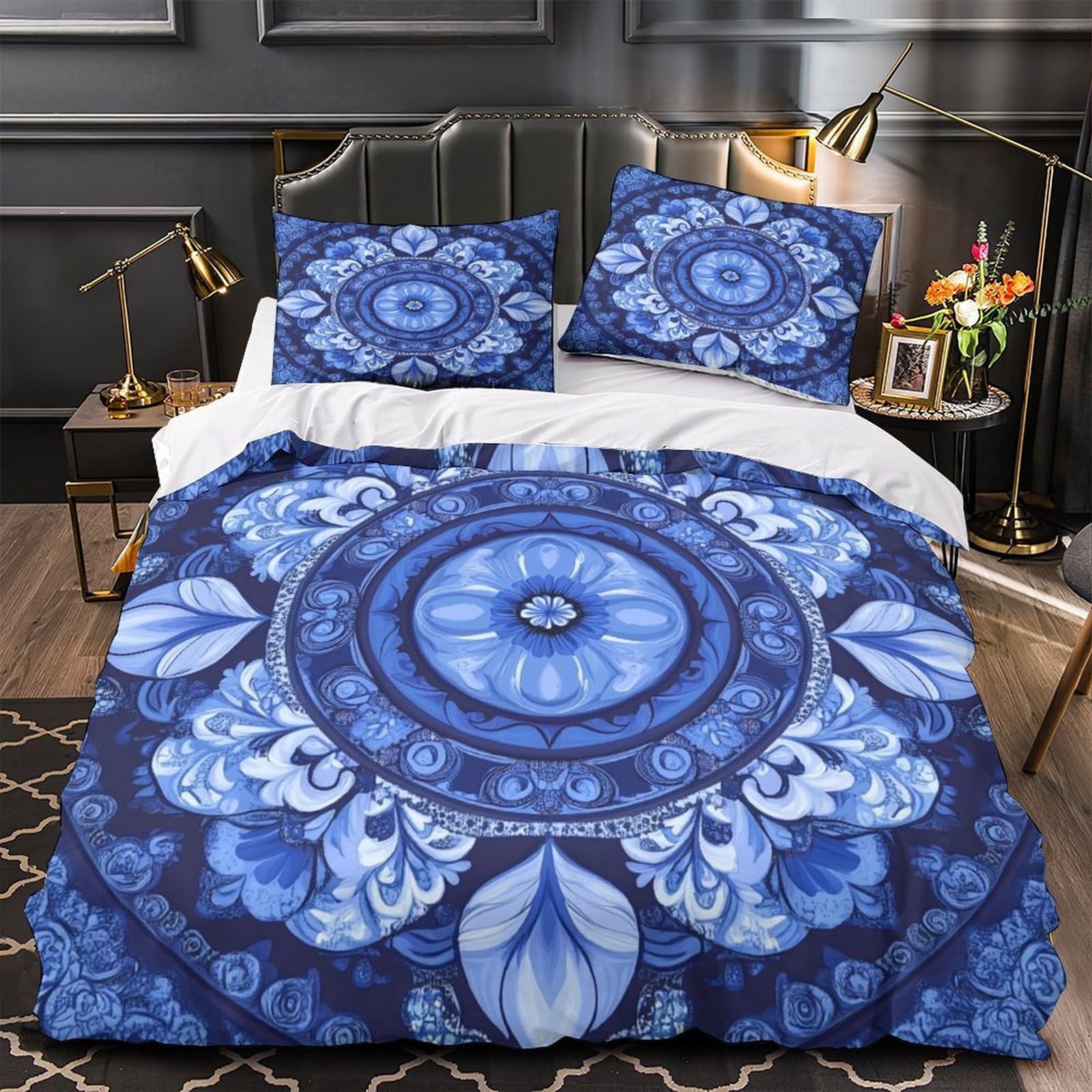 Ensemble lit microfibre bleu mandala bohemian 3 pièces 260x220cm