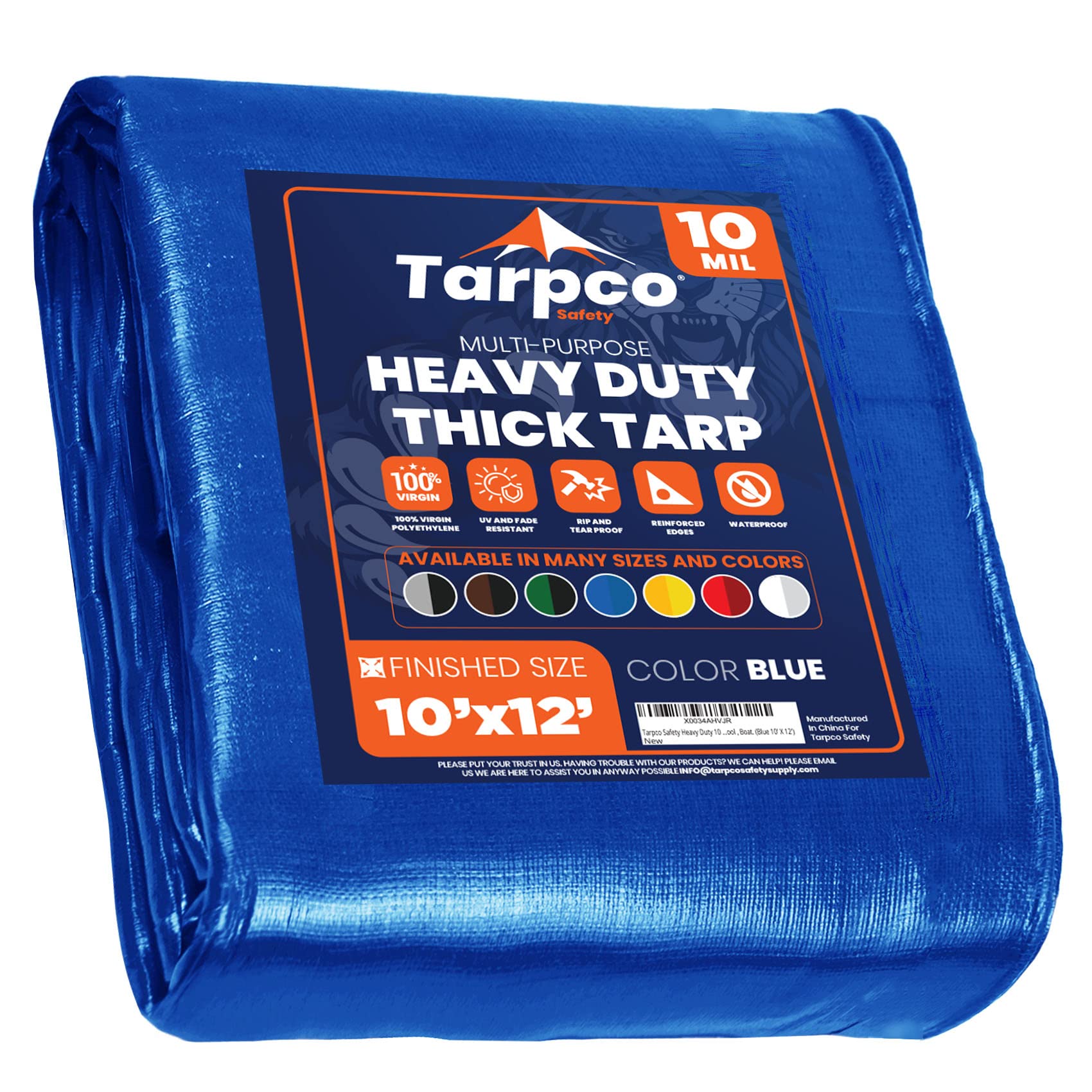 Heavy Duty 10 Mil Tarp Cover, Waterproof, UV Resistant, Rip and Tear Proof, Poly Tarpaulin with Reinforced Edges for Camping, Roof, Patio, Pool, Boat. (Blue 10′ X 12′)