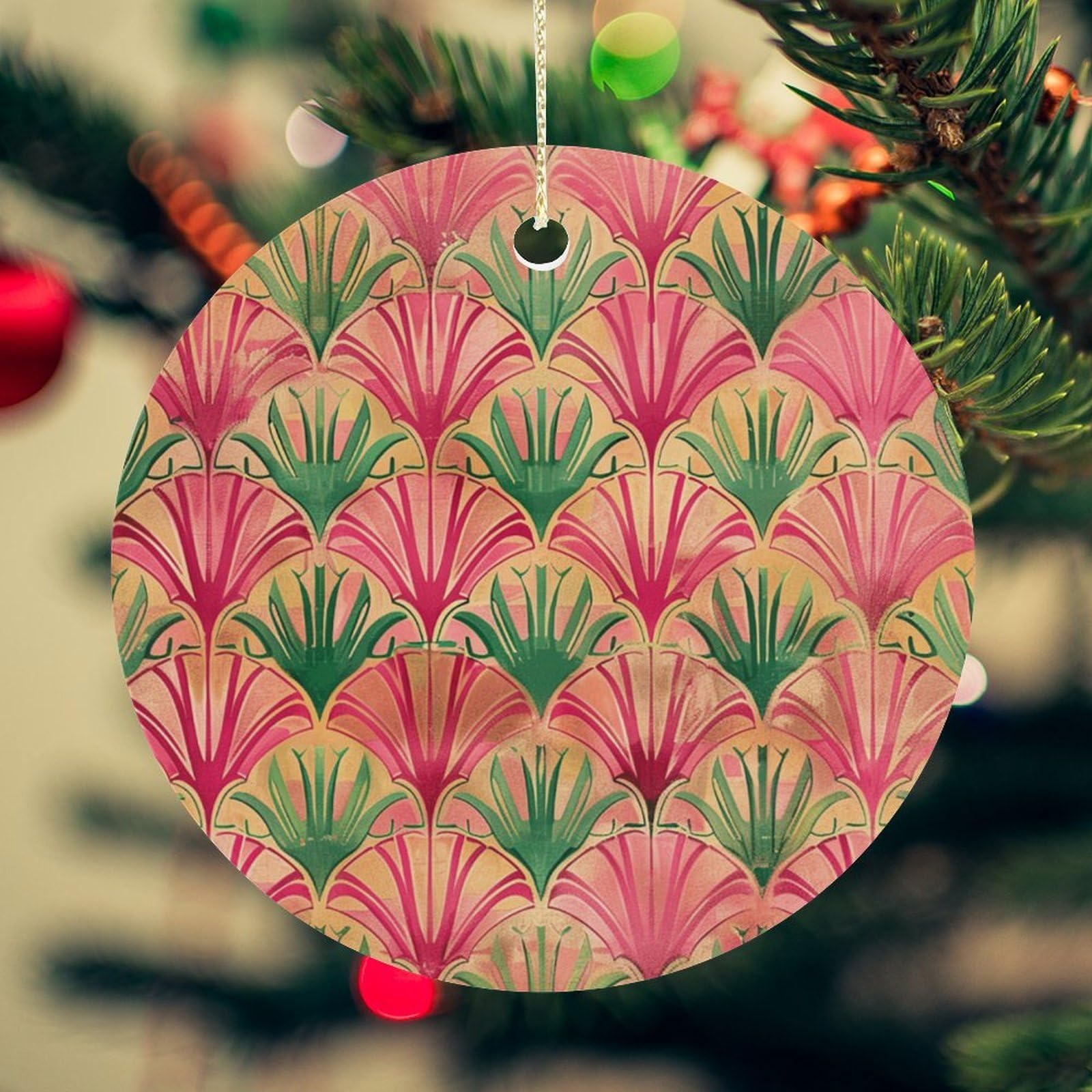 Peach and Green Pattern Christmas Ornament for Christmas Tree Ceramic Round Ornament Winter Holiday Keepsake Gift 2.7" Christmas Tree Hanging Decorations Circle Ceramic Pendant Xmas Gift