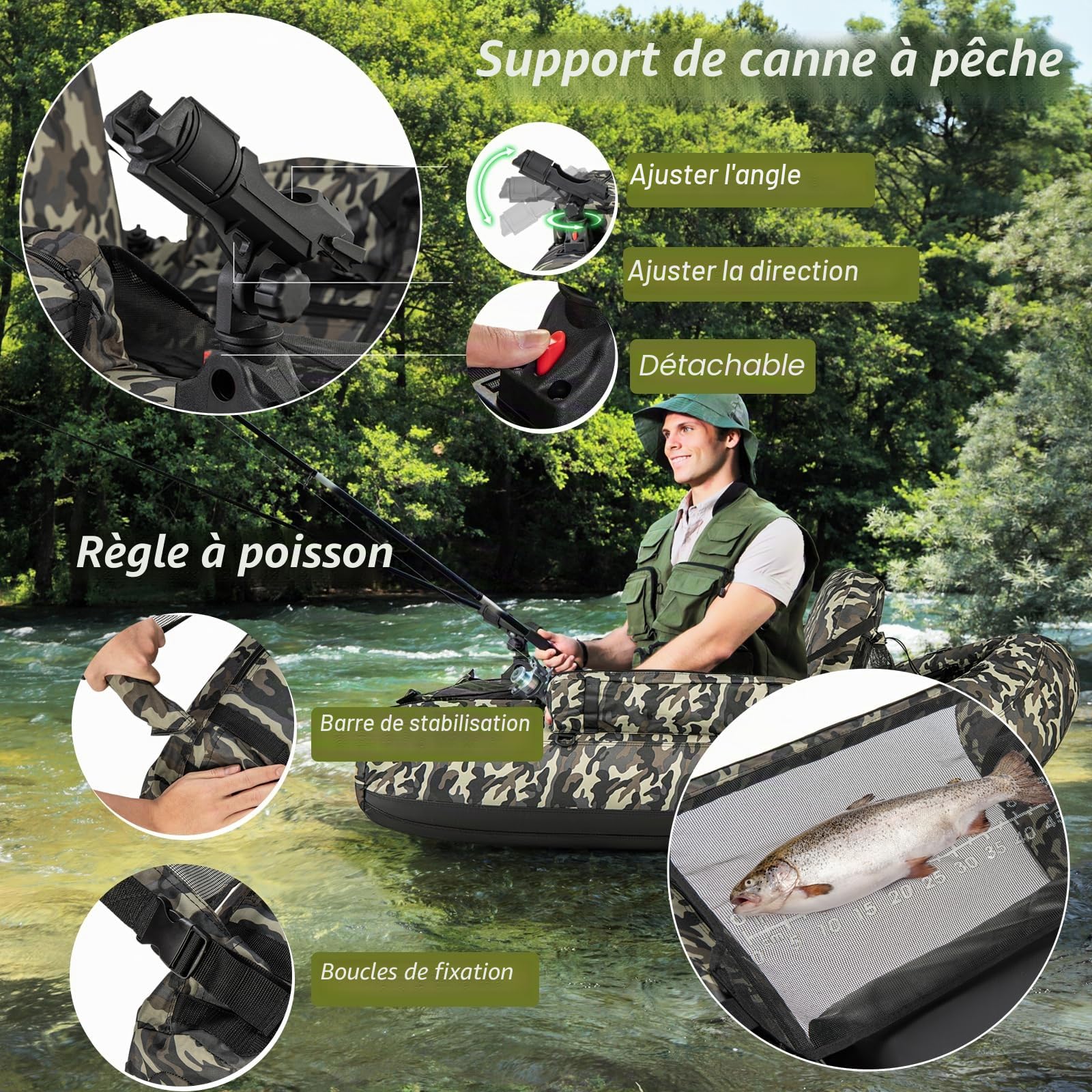 HOMASIS Bateau de Pêche Pneumatique pour Adultes,Bateau Gonflable Simple avec Palmes/Pompe/Pagaie pour gonflage,Canot de pêche avec Réservoir Gonflable pour Pêche Charge 150 kg,Camouflage