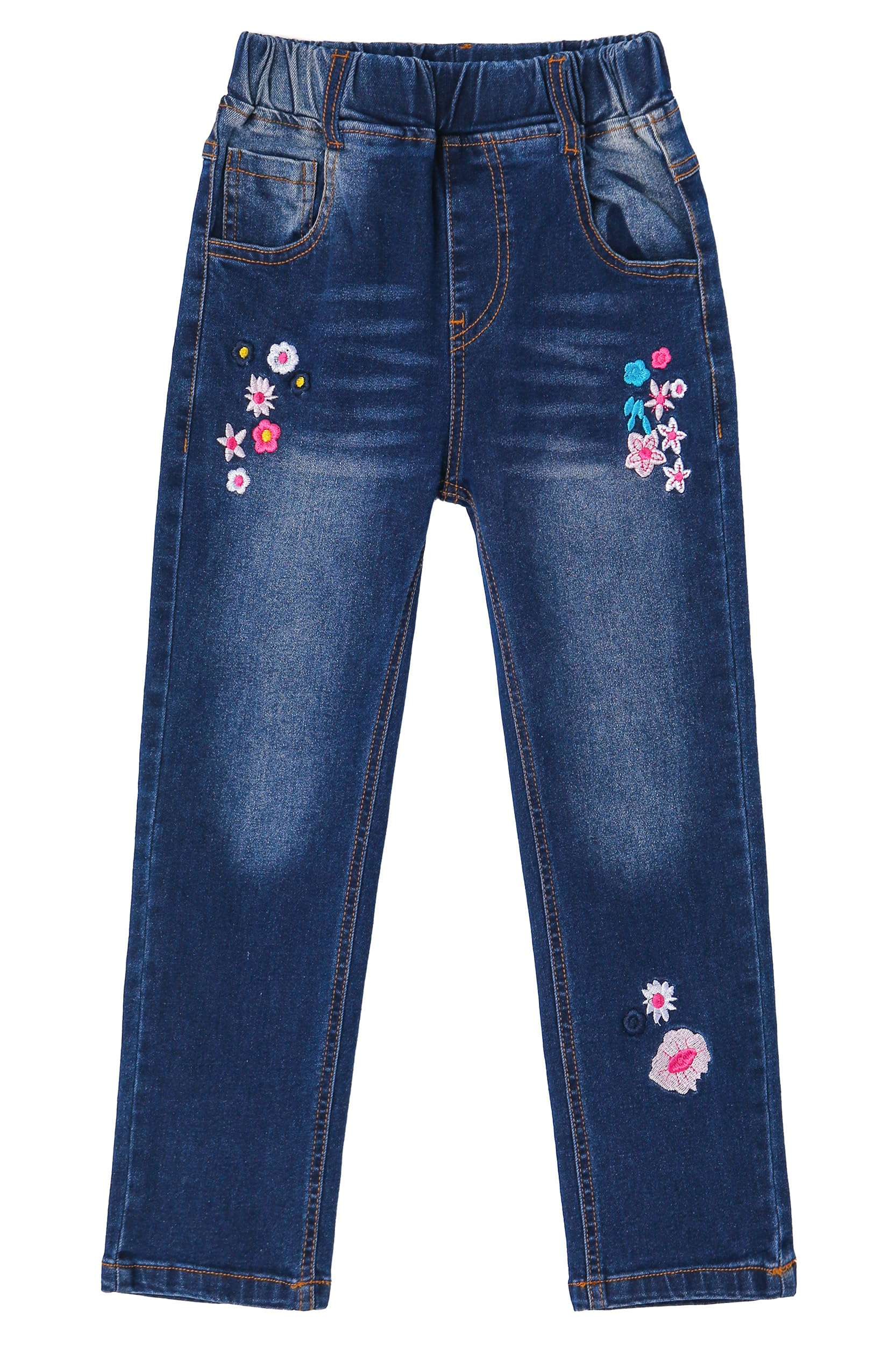 Girls Jeans, Ribbed Elastic Waist Embroidered Denim Pants