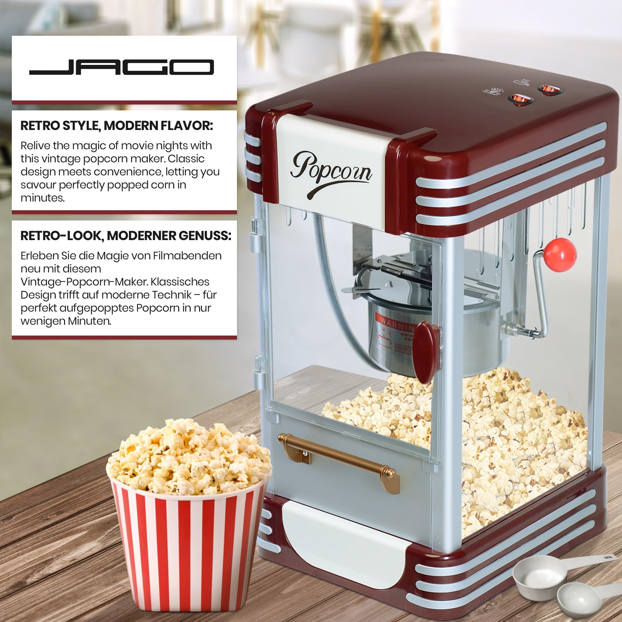 Jago® Maszyna do popcornu retro – 60 l/h, 200 g/10 min, garnek ze stali nierdzewnej, do słonego popcornu – wygląd w stylu lat 50., profesjonalna maszyna robienia, automat
