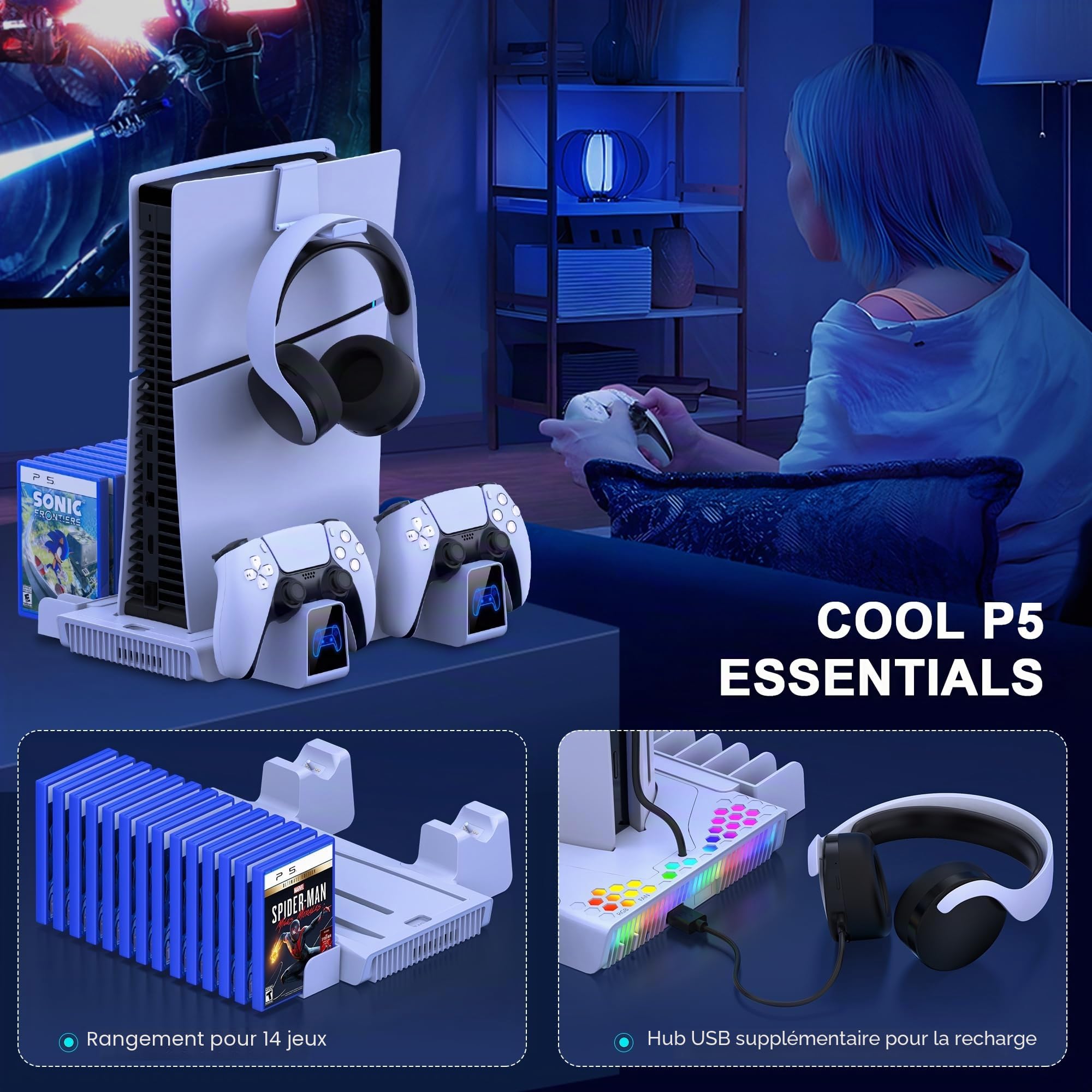 HELLCOOL Refroidisseur PS5, Support PS5 avec Ventilateur de Refroidissement/Chargeur Double Manette/14 Emplacements de Jeu/Lumières RVB/Port USB, Socle PS5 pour PS5 Disc/Digital Edition/PS5 Slim