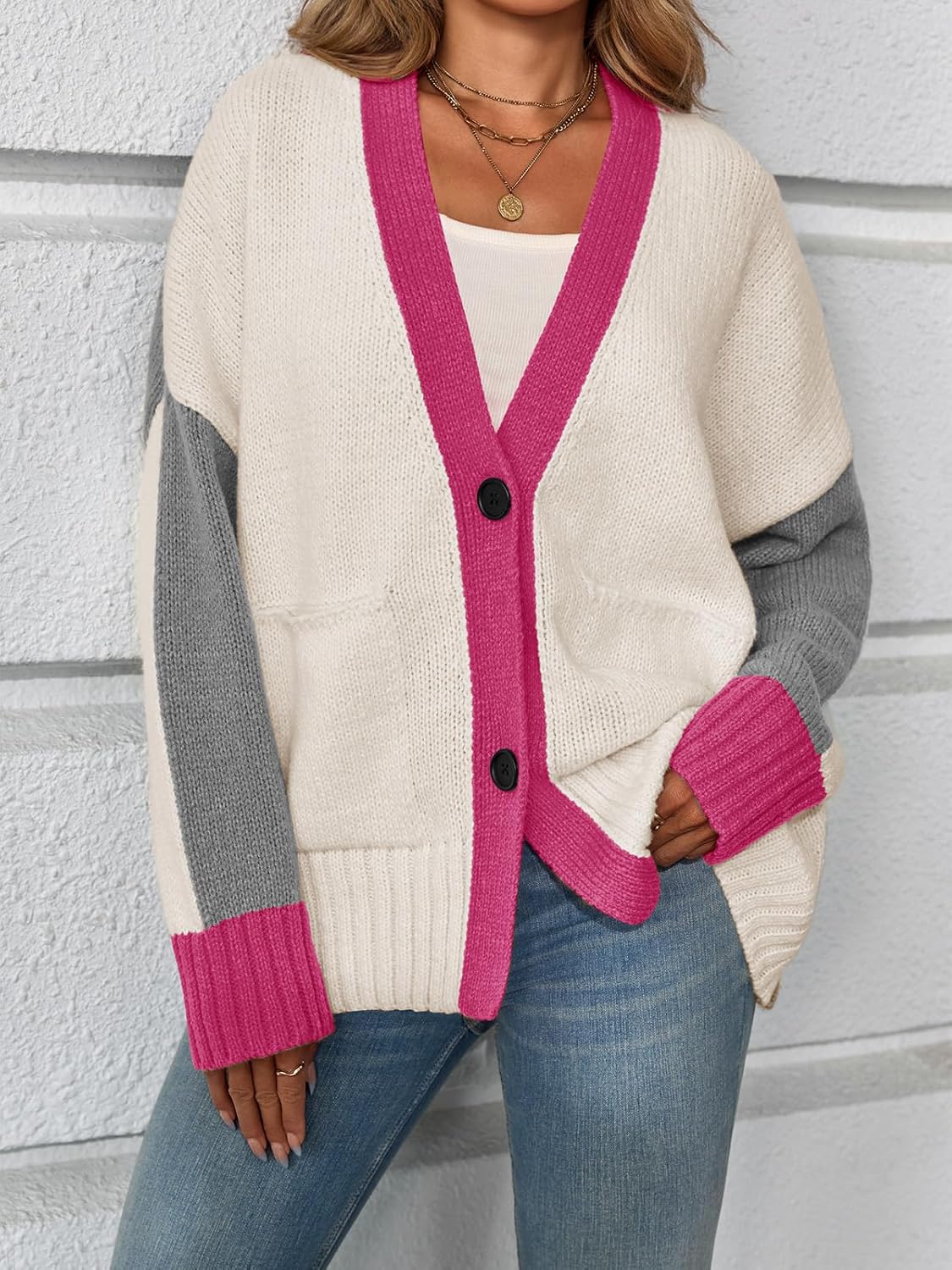 Saodimallsu Womens V Neck Cardigan Sweaters Color Block Button Oversized Long Sleeve Open Front Knit Sweater Coats - Image 2