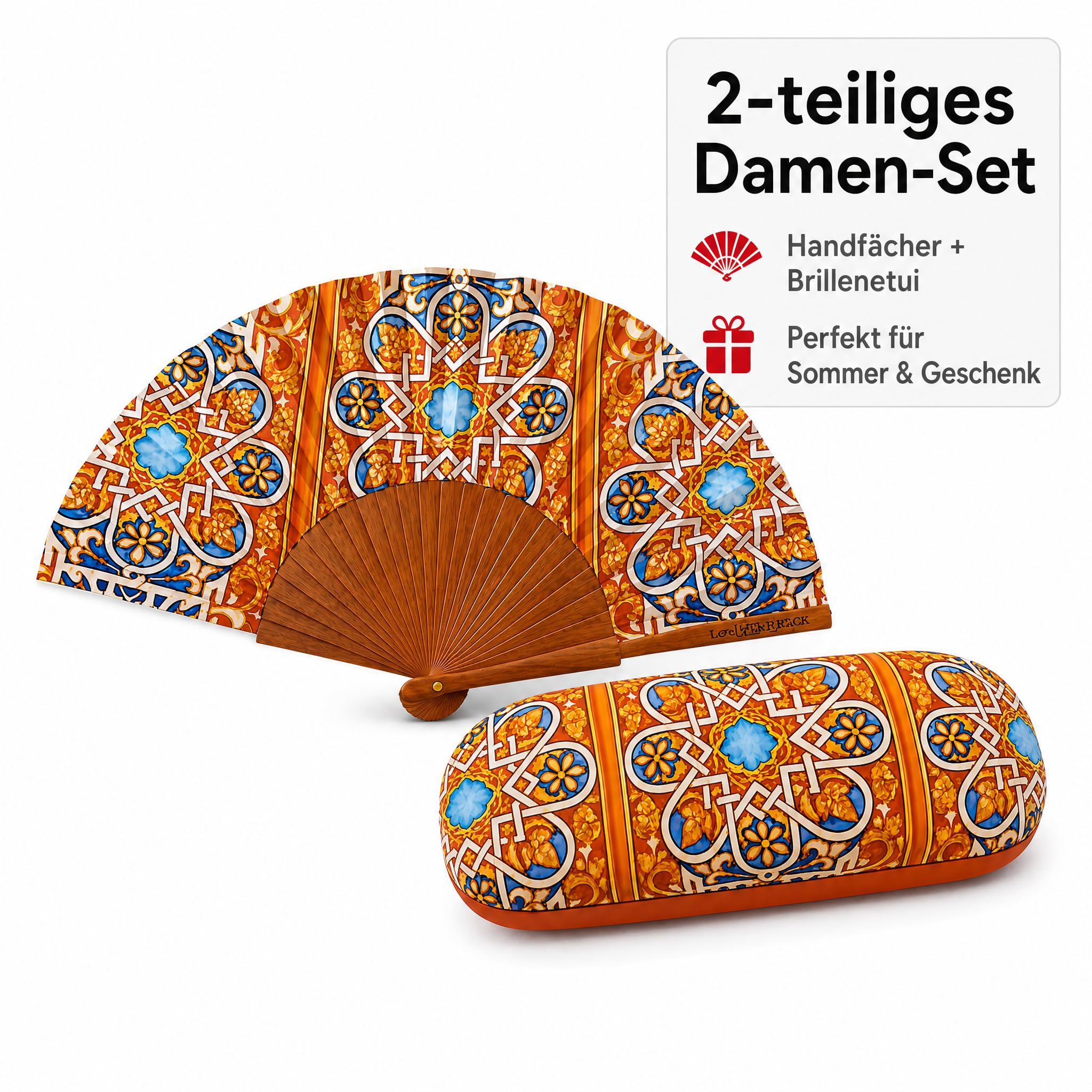 Handfächer & Brillenetui Set Stefanie, Buntglas Muster, Geschenkset Frauen | Faltbarer Handfächer mit Holzgestell und passendes Hartschalen-Brillenetui im farbigen Design – als Muttertagsgeschenk