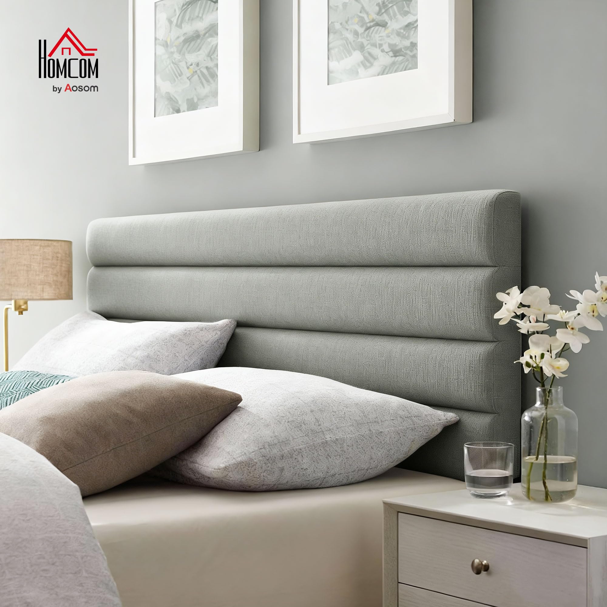 HOMCOM Cabecero de Cama 140 cm Altura Ajustable 3 Niveles Tapizado Gris | 106/116/126 cm, Cabezal de Cama en Lino, Acolchado Linea, Patas de Acero, Montaje Pared, Cabecero para Dormitorio