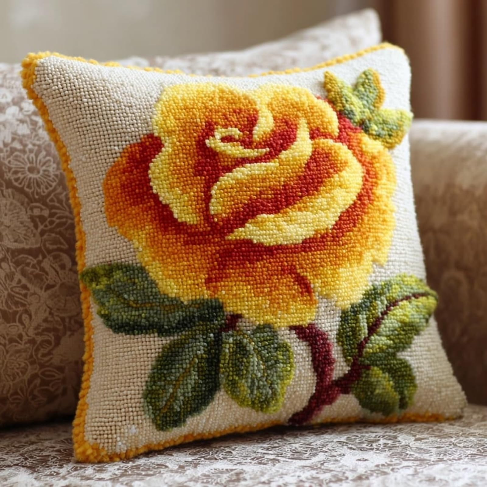 WallustrioaW Latch Hook Cushion Kit 43x43cm,Yellow Roses