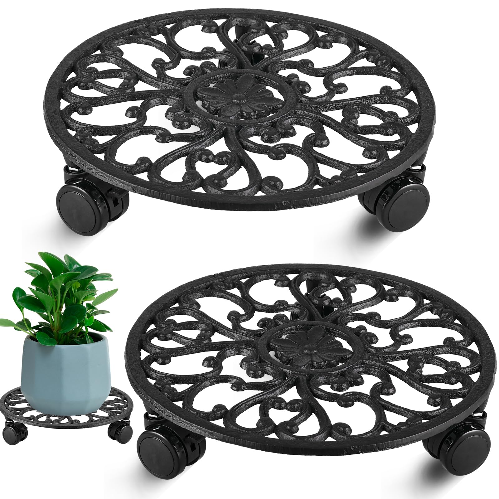 Photo 1 of 2 Packs 11 Inch Rolling Plant Stand with Wheels Wrought Iron Rolling Plant Stand with Casters Heavy Duty for Indoor Plants Rollers Potted Plant Mover, Metal Round Plant Dolly