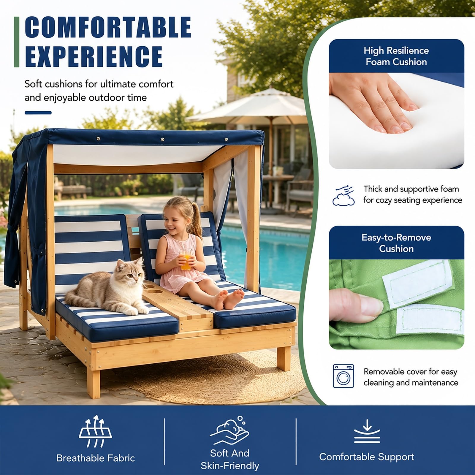 Sdraio Doppia per Bambini con Cuscino & Parasole Integrato | Lettino Da Giardino Per Bambini in Legno, Sdraio per Spiaggia & Balcone & Bordo Piscina(Blue)