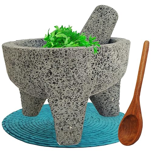 Miniatura 1 de Molcajete Mexicano De Piedra Volcanica Natural Grande de 8 pulgadas - Juego de mortero y mecha de guacamole grande - Cuenco de molienda mexicana -