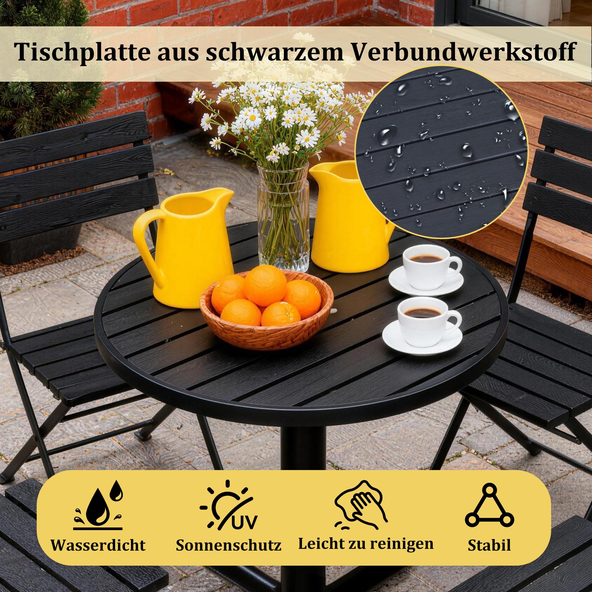 Mingone Gartentisch Rund, Balkontisch 60x60cm, Schwarz