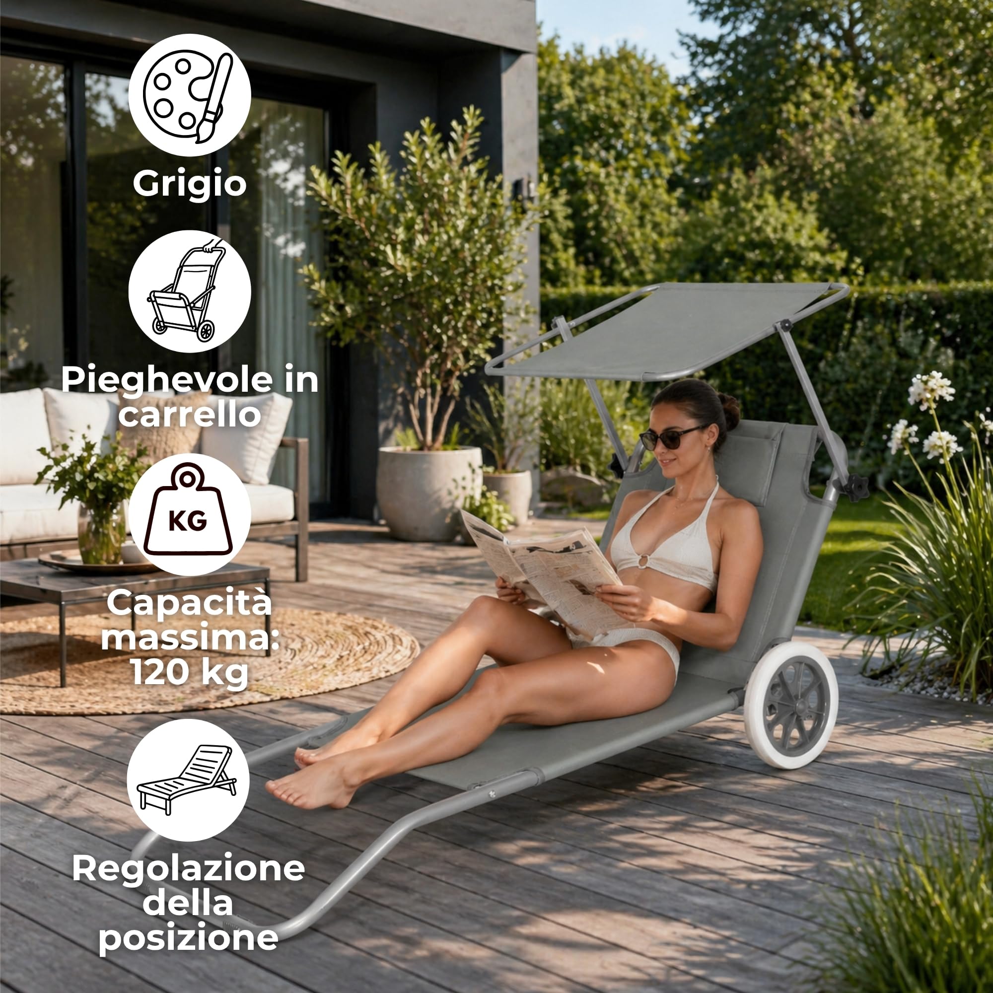 SPRINGOS Lettino prendisole da giardino, con 2 ruote, schienale regolabile in 5 posizioni, poggiatesta, portata fino a 120 kg