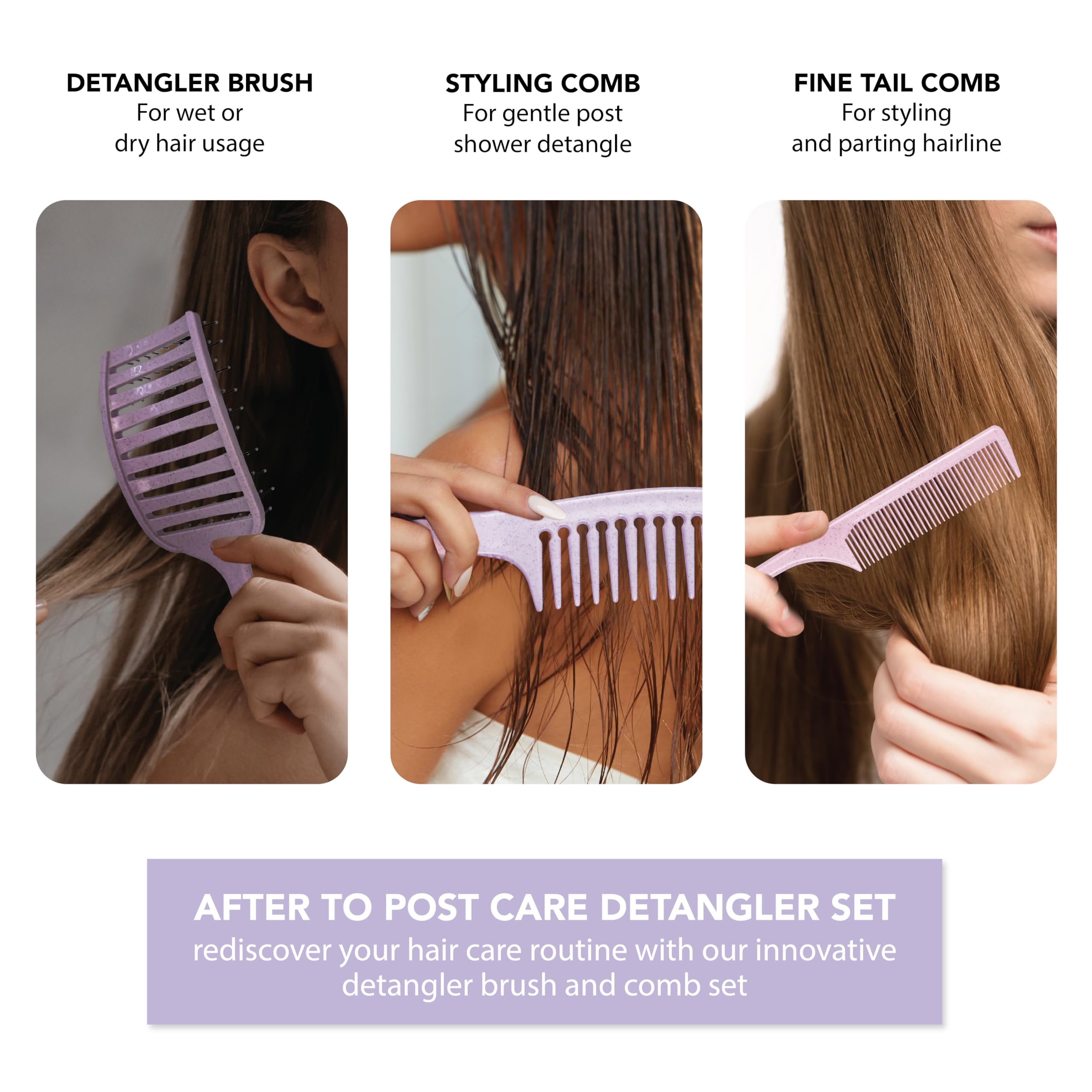 TADA - Juego de cepillo desenredante natural para todo tipo de cabello rizado, grueso, ondulado y fino, juego de cepillos para el cabello para mujeres, hombres y niños (3 unidades, lavanda)
