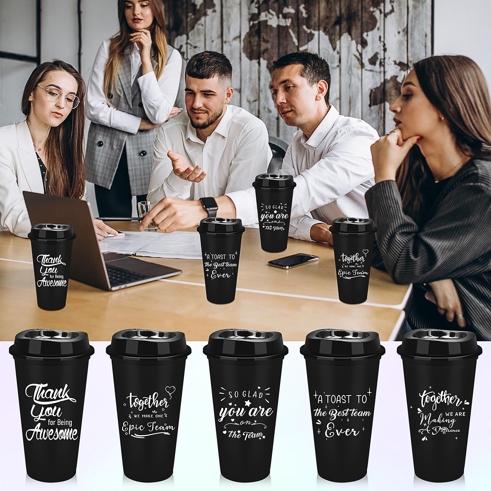 Lot de 30 tasses à café réutilisables en plastique avec couvercles, 470 ml, cadeaux de remerciement pour homme et femme, pour fête, encouragement, appréciation, travail d'équipe, personnel