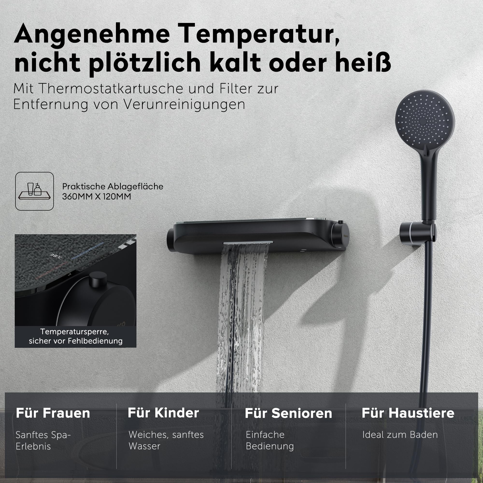 doporro Thermostat Badewannenarmatur mit Handbrause Matt Schwarz | Wannenarmatur aus Messing, Wannenthermostat 4 Strahlarten, Wasserfall-Auslauf Wandarmature mit 1,5m Brauseschlauch Oryntex-03