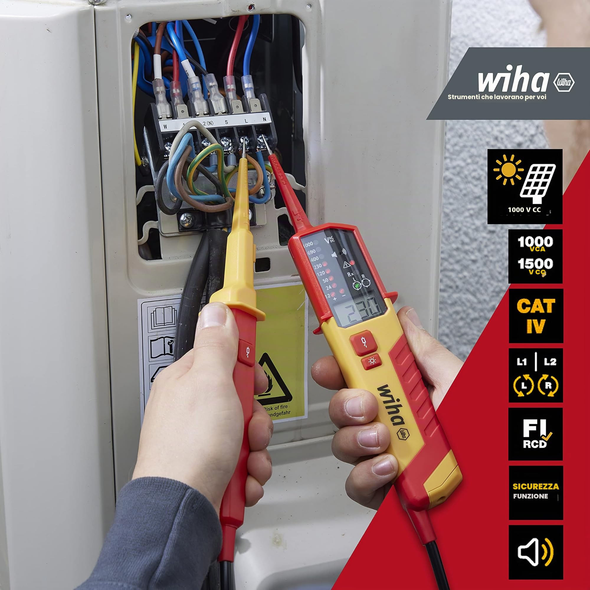 Wiha Tester di tensione e continuità 1.500 V, CAT IV con 2 batterie AAA, compatibile con fotovoltaici, LED/LCD (45217), rosso/giallo | (45217) Tester di tensione e continuità I CAT IV incl. 2 batterie AAA I display LED I tester di tensione bipolare