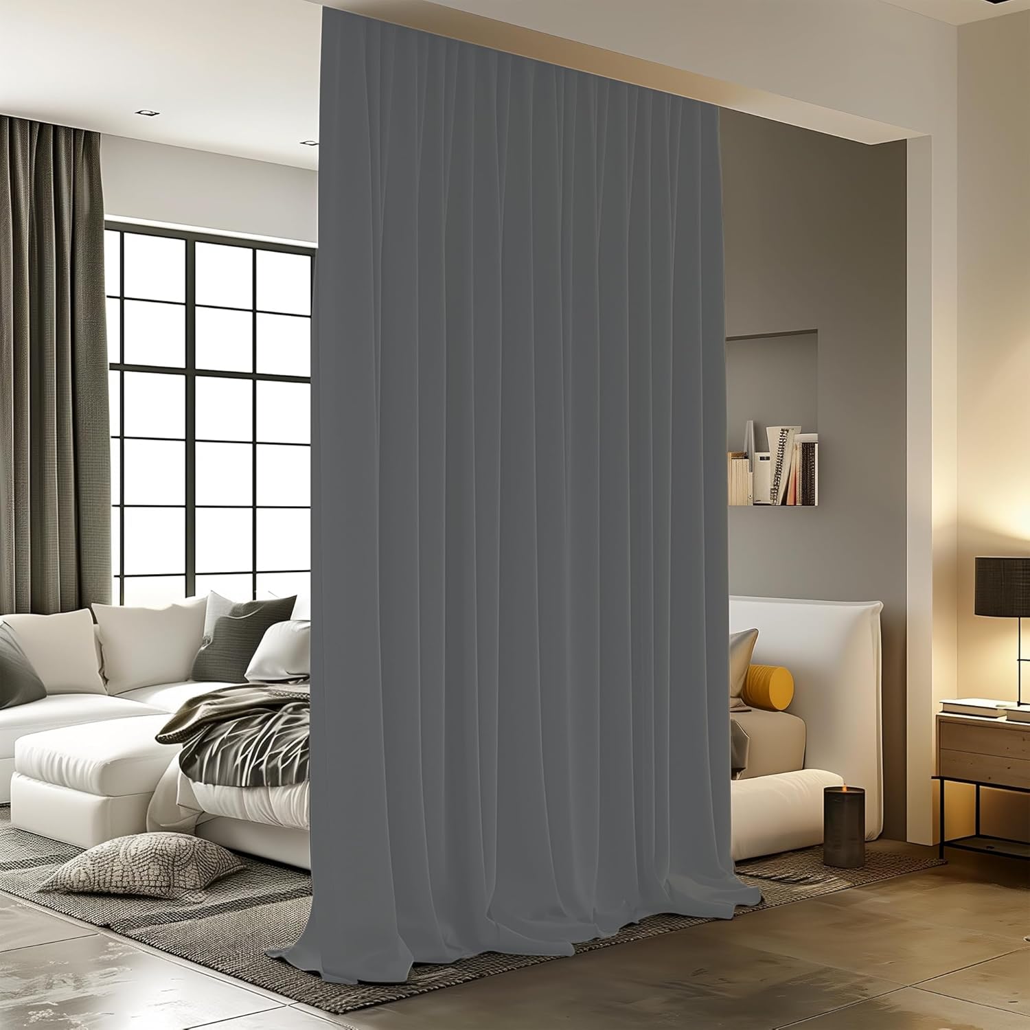 Room Divider Curtains for Ceiling Track Rod, Blackout Ceiling Track Curtains with Hooks Noise Reduction Privacy Curtain for Wall Ceiling Mount Track, 15 ft Wide x 8 ft Tall, Grey, 1 Panel Grey W 15ft x L 8ft, 1 panel