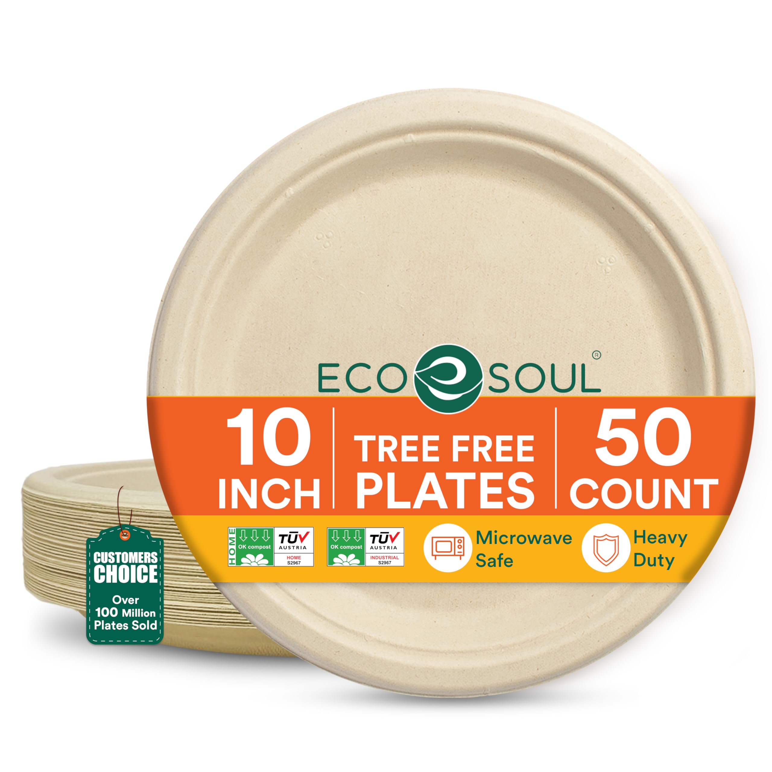 ECO SOUL [10 inch, 50 Pack Disposable Bagasse Plates | Eco-Friendly, Biodegradable, Sugarcane Paper Plates | for Serving Snacks | Birthday, Wedding & Party | Round, Beige (25 cm)