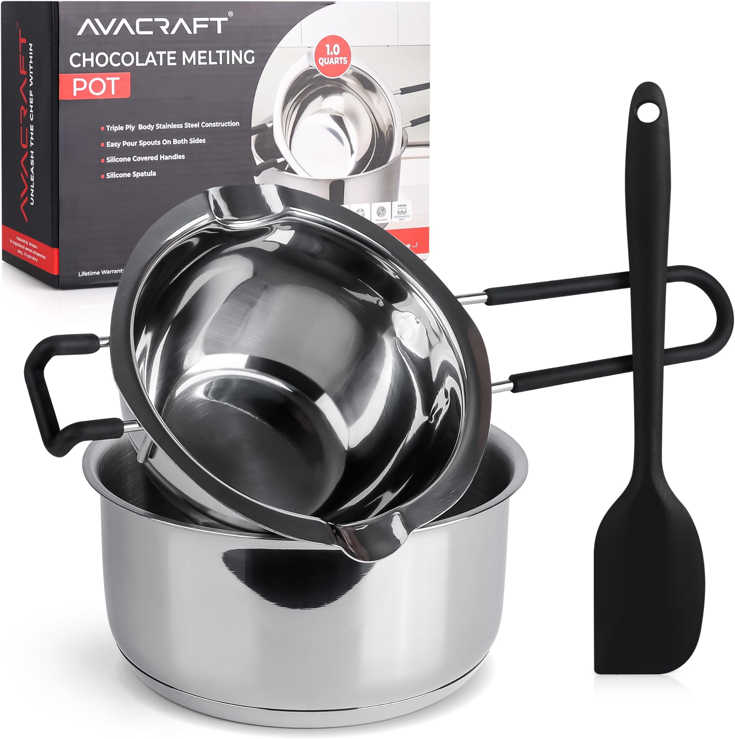 Double Boiler 18/8 Stainless Steel Double Boiler Pot with Stainless Steel Pot and Silicone Spatula, Double Boiler Set for Melting Chocolate, Candy, Soap, Wax, Candle Making (1 Quart)