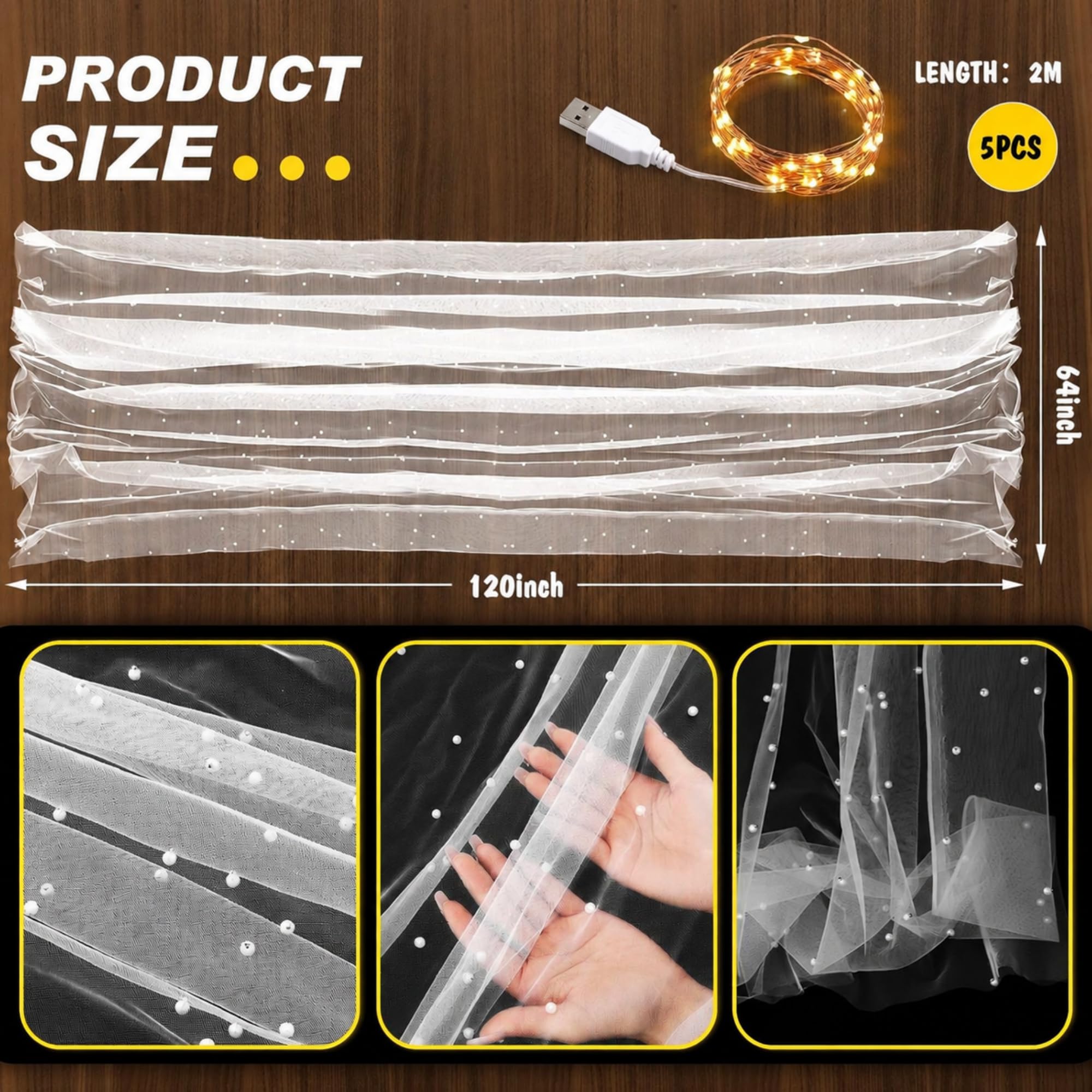 Kinlop Tischläufer zum Einstecken mit LED-Lichtern, 3 m, 162 x 305 cm, Weiß | Für Valentinstag, Hochzeit, Geburtstag, Babyparty-Zeremonie, weißer Chiffon-Tischrock, Tischdecke, Außendekoration