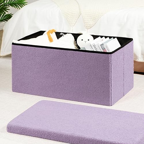 Miniatura 81 de PINPLUS Otomanas otomanas de almacenamiento con forma cuadrada con reposapiés de almacenamiento para sala de estar, asiento otomano Boucle para