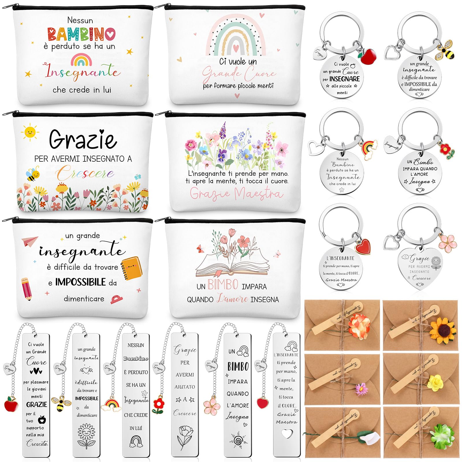 Hestya 6 Set Regali di Ringraziamento per Insegnanti Maestra 6 Borsa per Cosmetici Pochette per Trucco 6 Segnalibri 6 Portachiavi con 6 Biglietti di Auguri per Asilo Professoressa Compleanno Laurea