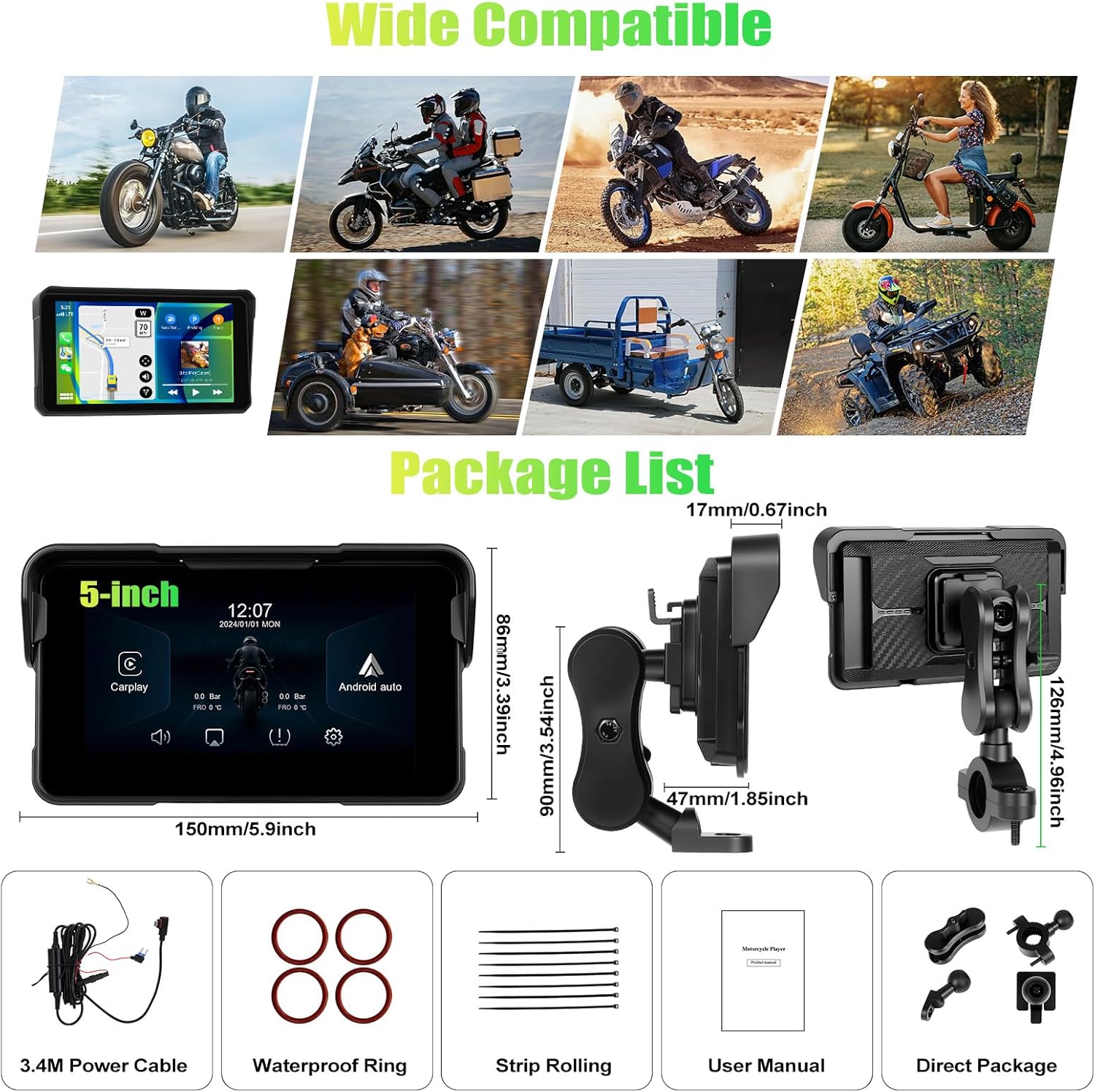 CAMECHO Removable Motorcycle CarPlay & Android Auto Screen, Wireless Apple Car Play Portable Car Stereo for Moto Motorbike, 5" Waterproof Touch Screen, Pantalla para Carros con Bluetooth, Mirror Link