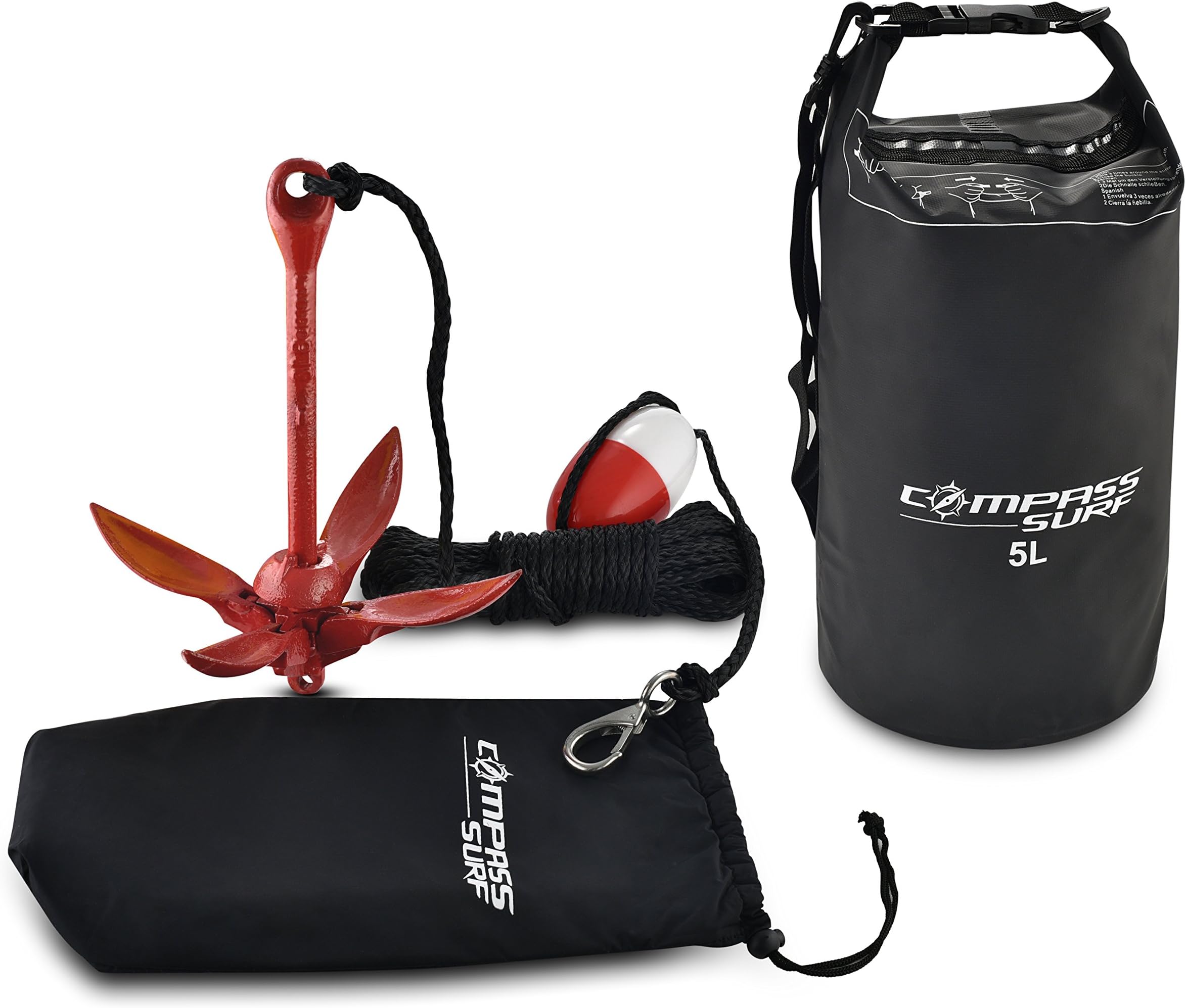 Compass Kayak Anchor Kit + Dry Bag for Jet Skis, Canoes, Floats - 3.5 lb Steel Anchor with Anti-Rust Powder Red Coating, 40 ft Marine Grade Rope, Buoy, and Stainless Steel Snap Hook.