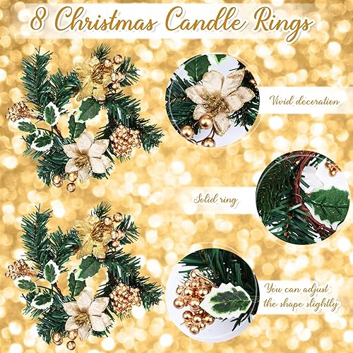 Miniatura 3 de Yilloog 8 juegos de anillos de vela de Navidad, coronas, bayas, piña, flor de pascua, anillos de Navidad mini portavelas para centro de mesa de