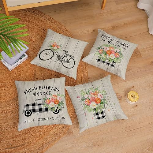 Miniatura 3 de Hello Spring - Juego de 4 fundas de almohada de 18 x 18 pulgadas fundas de almohada florales para primavera y verano fundas de cojín decorativas