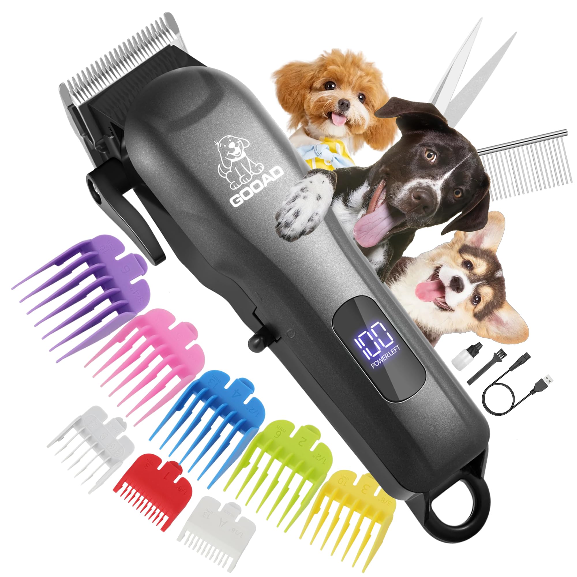 Dog Clippers for Grooming, Cordless,Low Noise, Electric Quiet,Rechargeable, Pet Hair Clippers for Thick Coats, Dog Trimmer Grooming Kit, Shaver for Small and Large Dogs Cats,Black