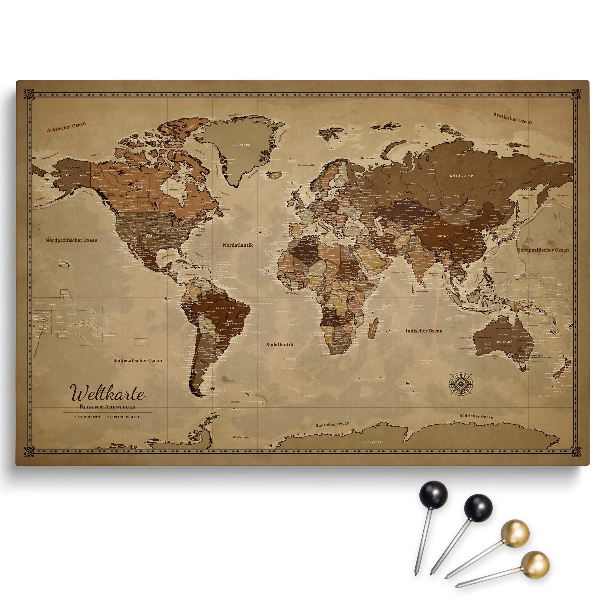 Generisch Personalisierbare Leinwand aus Weltkarte Motiv mit Rückwand-Pinnwand, perfekt für Reisende und als Wanddekoration, Dekorative Leinwandbilder, inkl. 100 Pins (Design 3, 120x80cm)