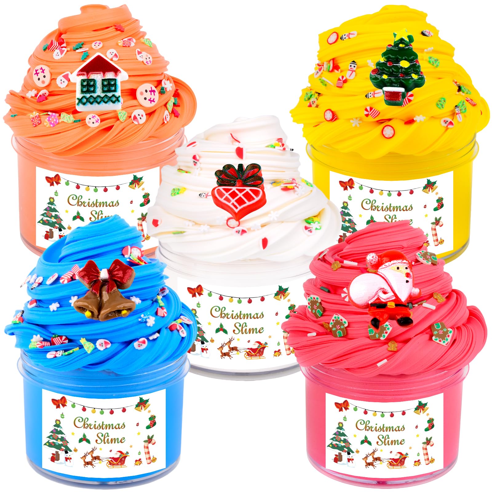 Christmas Slime Kit with 5 Pack Butter Slime, Orange,Yellow, Blue, White, Red Slime, and Charms, Party Favors Gift for Girls and Boys, Super Soft and Non-Sticky DIY Surprise Slime