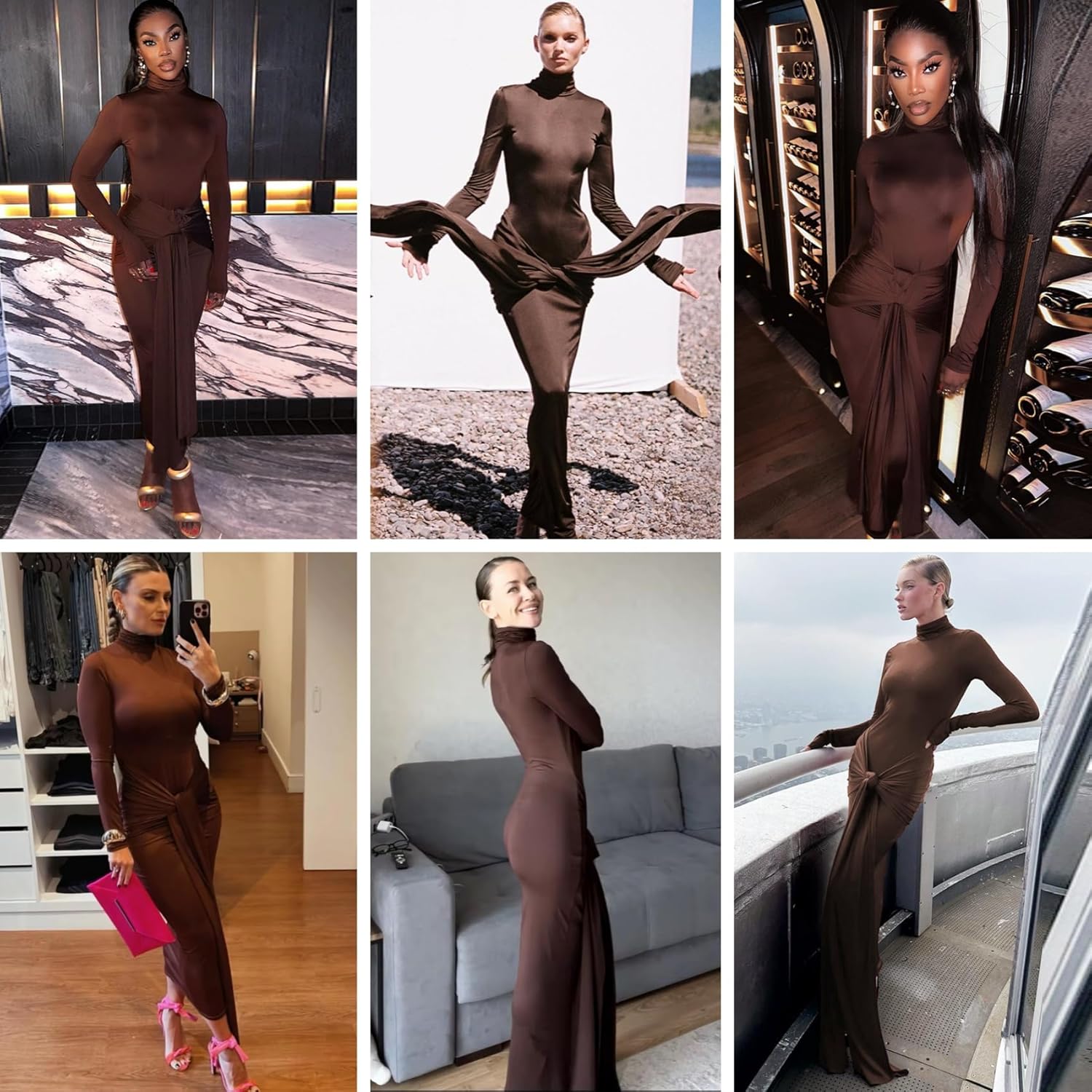 JUMISEE Women's Sexy High Neck Long Sleeve Maxi Dress Elegant Tie Waist Bodycon Long Dress Cocktail Party Dress