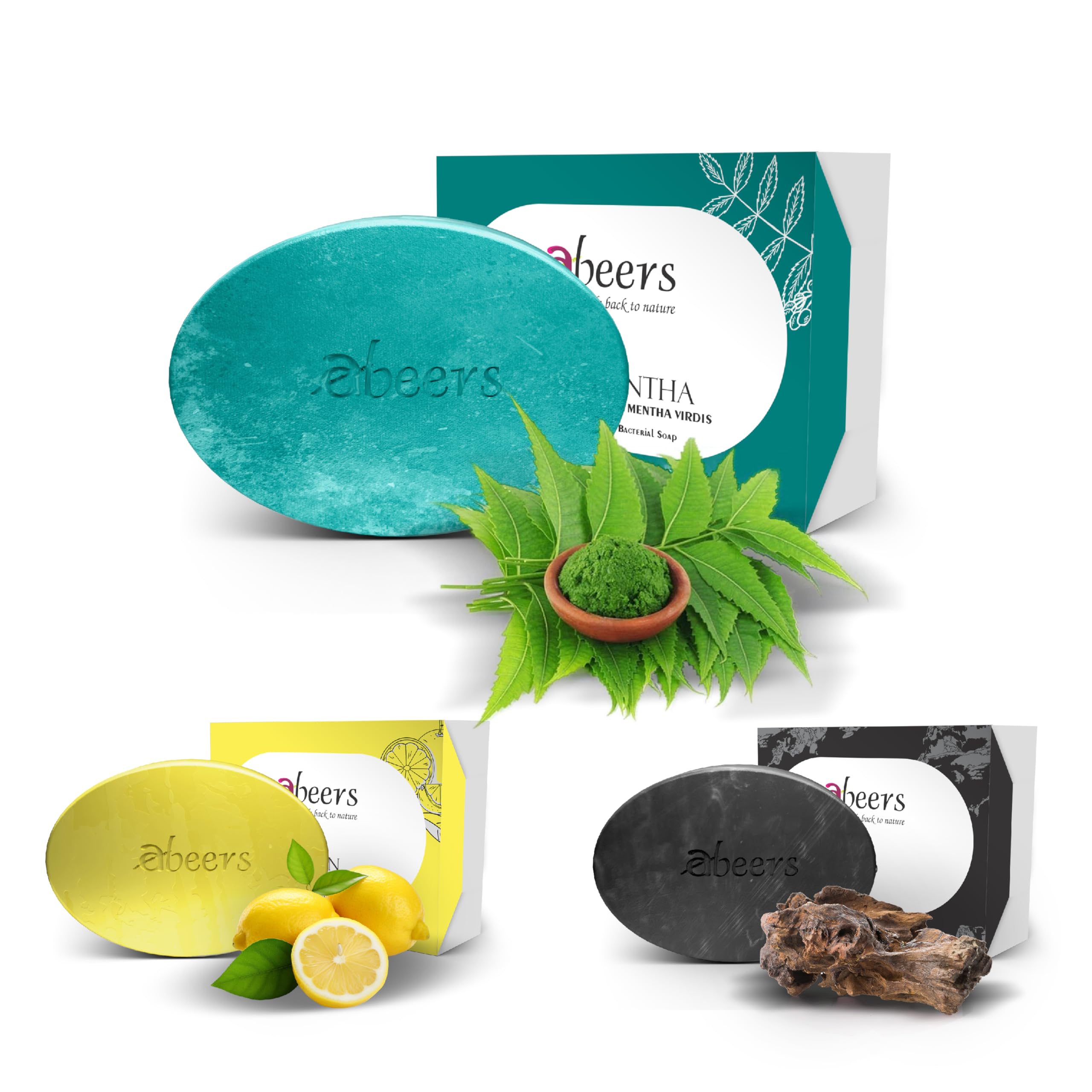 Abeers Handcrafted Cold Processed Soap Bars - Lemon, Neem Mint, and Oud Herbal Combo | Assorted Natural Soap Gift Set Enriched with Essential Oils | Refreshing Skincare - 100g Each (Pack of 3)