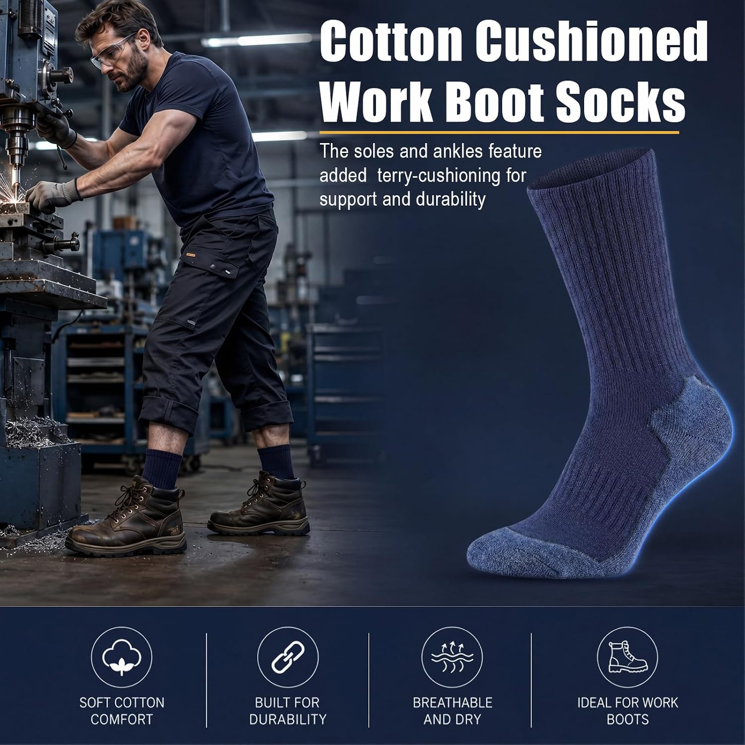 Glitopper 10 Pairs Work Boot Socks for Men Cotton Cushioned Heavyweight Socks Thick Workwear Crew Padded Anklets for Men