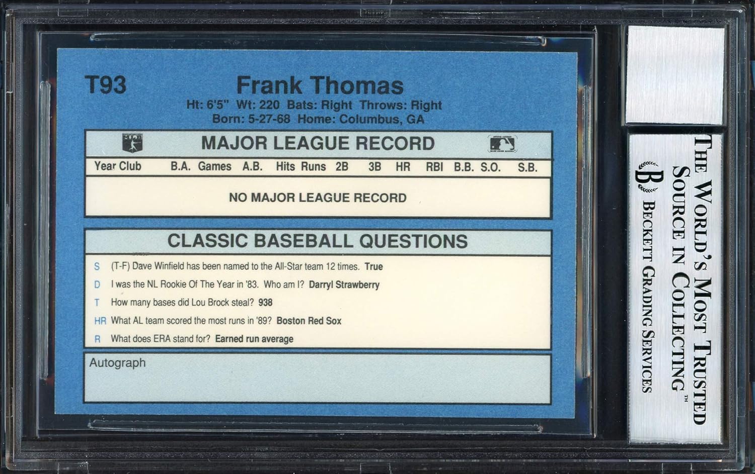 Frank Thomas Autographed 1990 Classic Series III Rookie Baseball Card #T93 Auto Grade 10 Beckett BAS Stock #185189