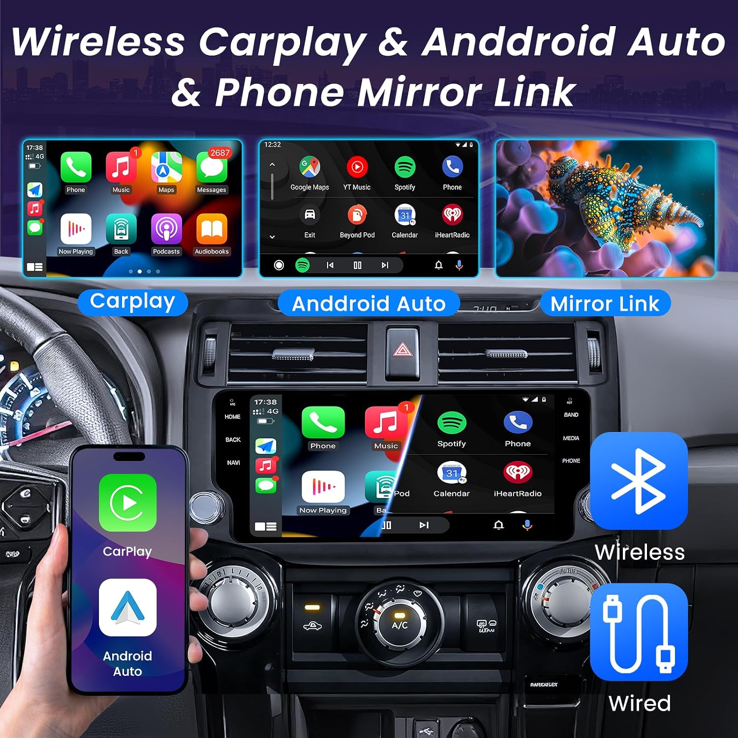 8 Core 64GBROM Car Radio for Toyota 4Runner 2010-2019: 10.33" 1600*720 IPS Touchscreen Wireless Carplay & Android Auto Bluetooth GPS Split Screen (RDS High-Fidelity Sound) Head Unit 36EQ 5G WiFi SWC