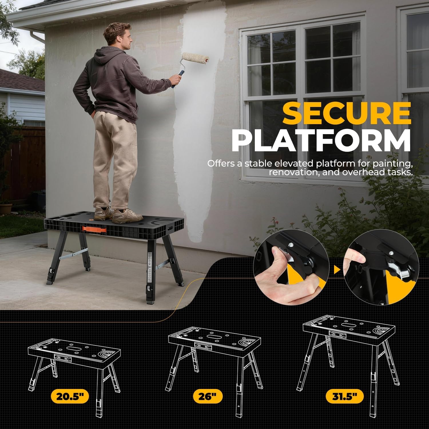 Auto Dynasty 3-in-1 Folding Workbench Portable 150kg(330lbs) Capacity Work Table/Saw Horse/Scaffold/Car Creeper/Dolly Mode with Side Chargers and Adjustable Height for Garage, Carpentry, and Workshop