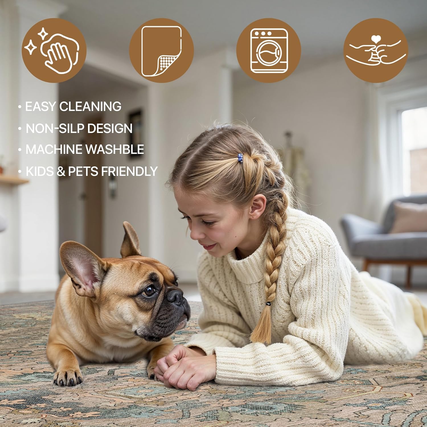 Bavni Area Rug 3x5, Non-Slip Washable Rugs for Living Room Office, Boho Distressed Printed Rug, Low Pile Foldable Decorative Carpet for Bedroom Kitchen Office, Olive Green